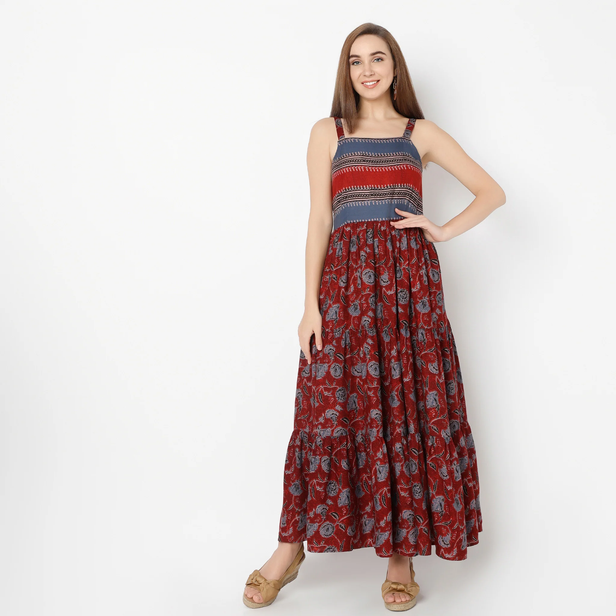 Square Neck Full Length Flare Fit Printed Strap Dress - Image 2