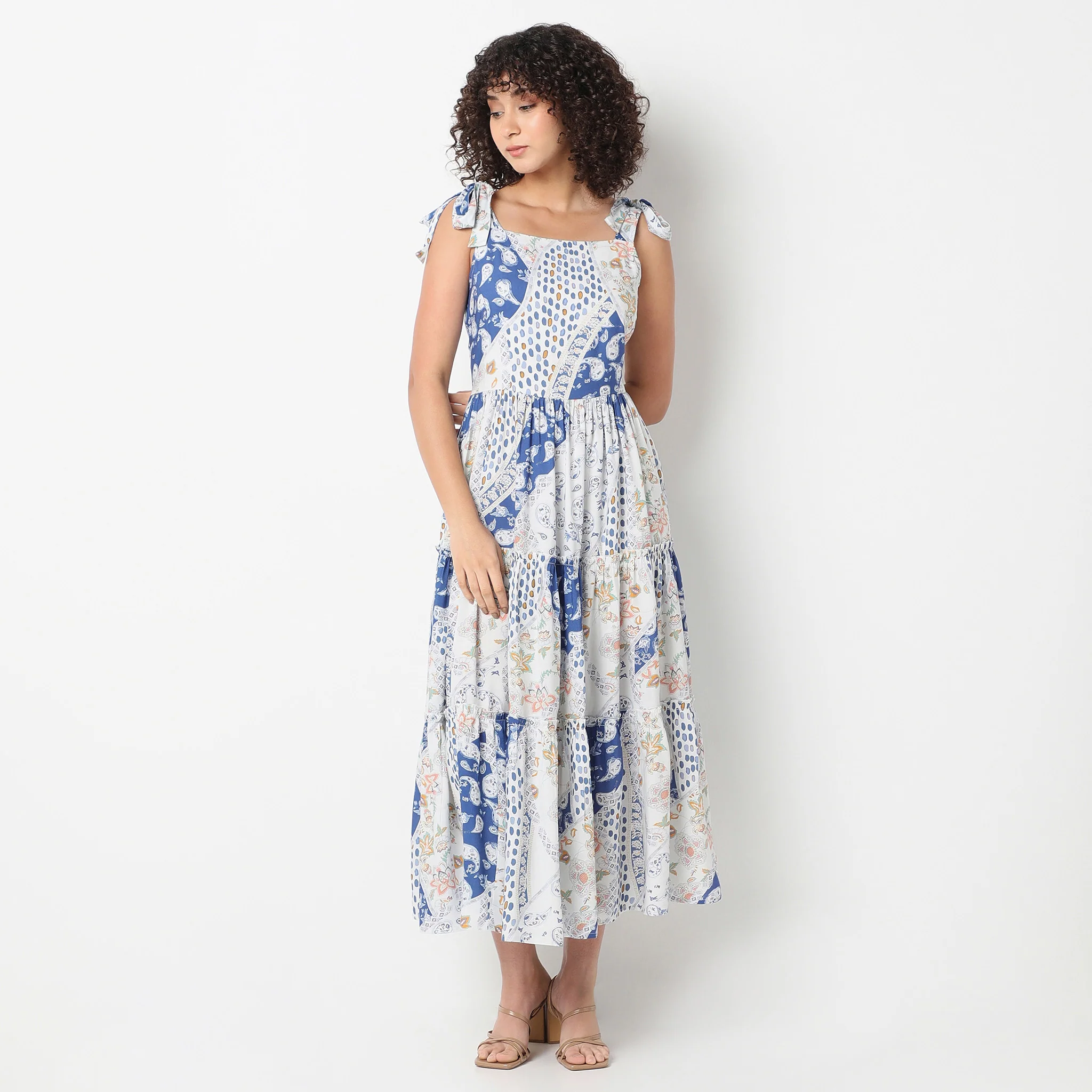 Square Neck Calf Length Flare Fit Printed Strap Dress - Image 2