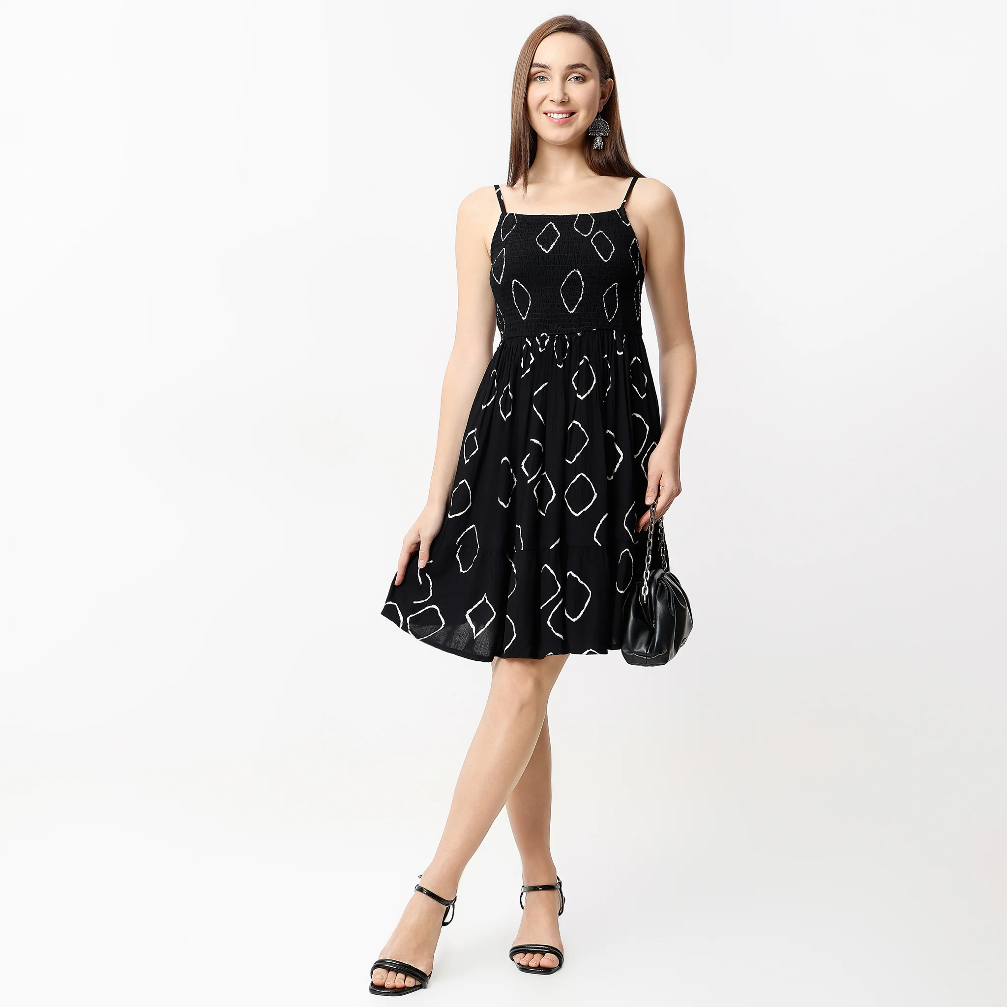 Square Neck Knee Length Sleeveless Flare Fit Printed Strap Dress
