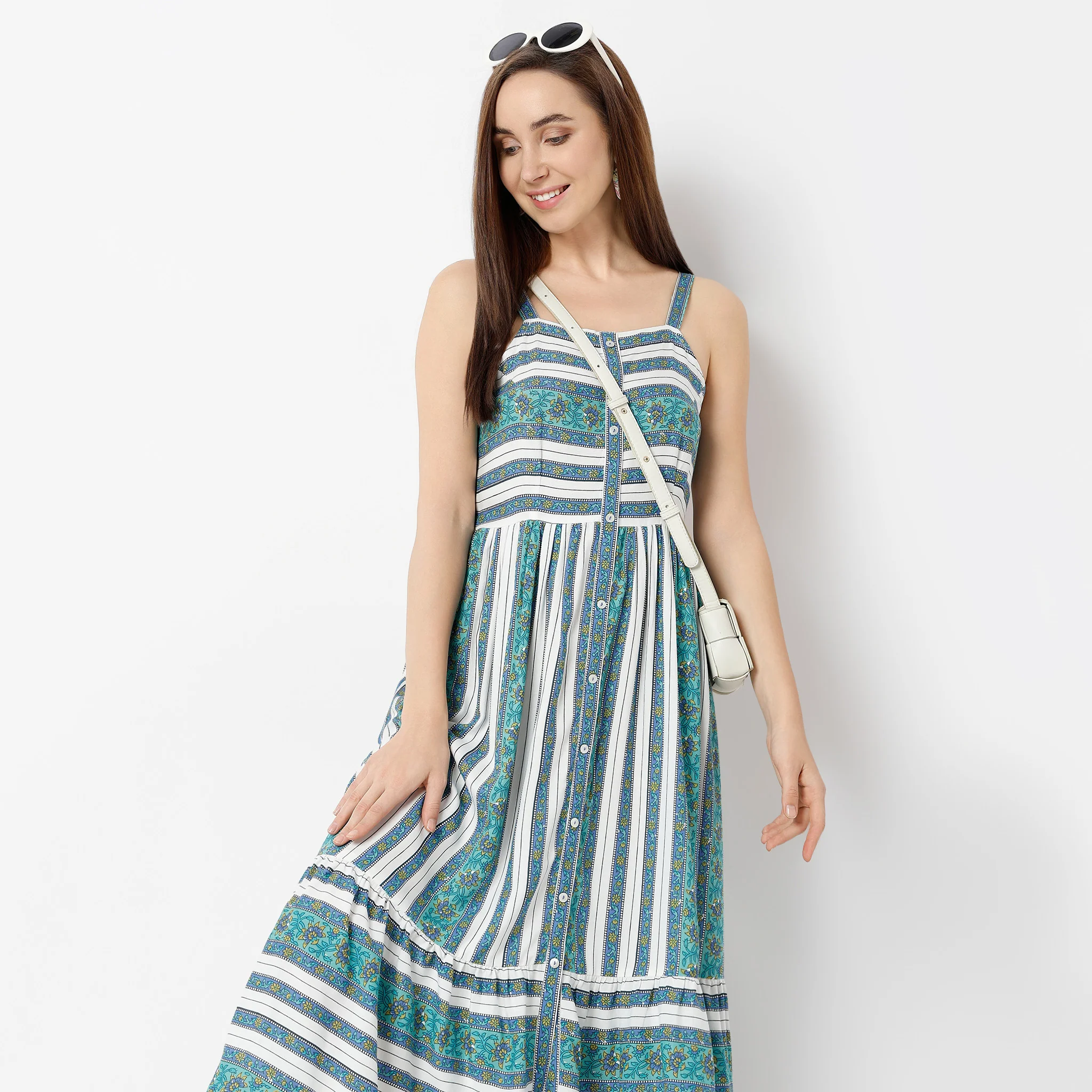 Square Neck Calf Length Sleeveless Flare Fit Printed Strap Dress