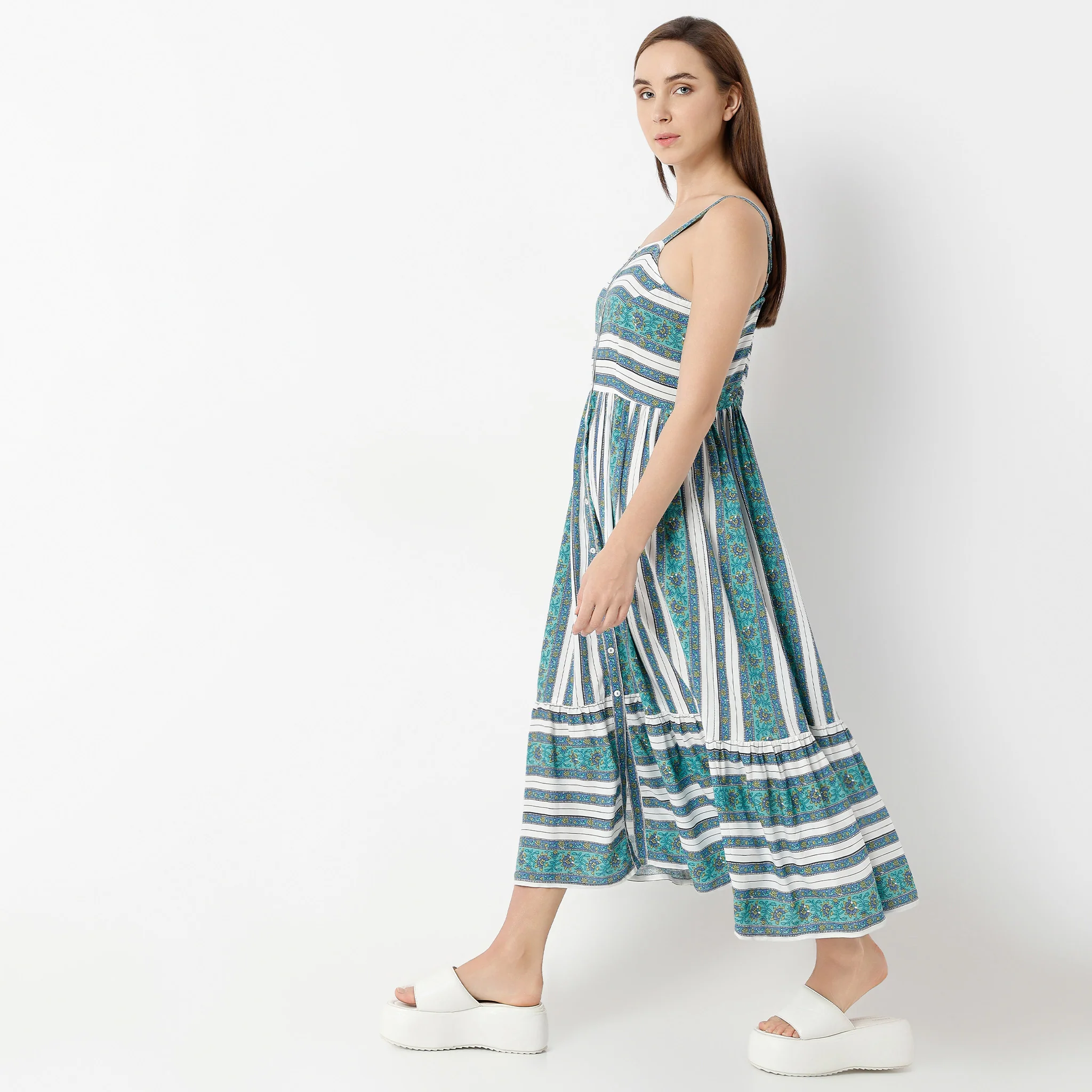 Square Neck Calf Length Sleeveless Flare Fit Printed Strap Dress - Image 5