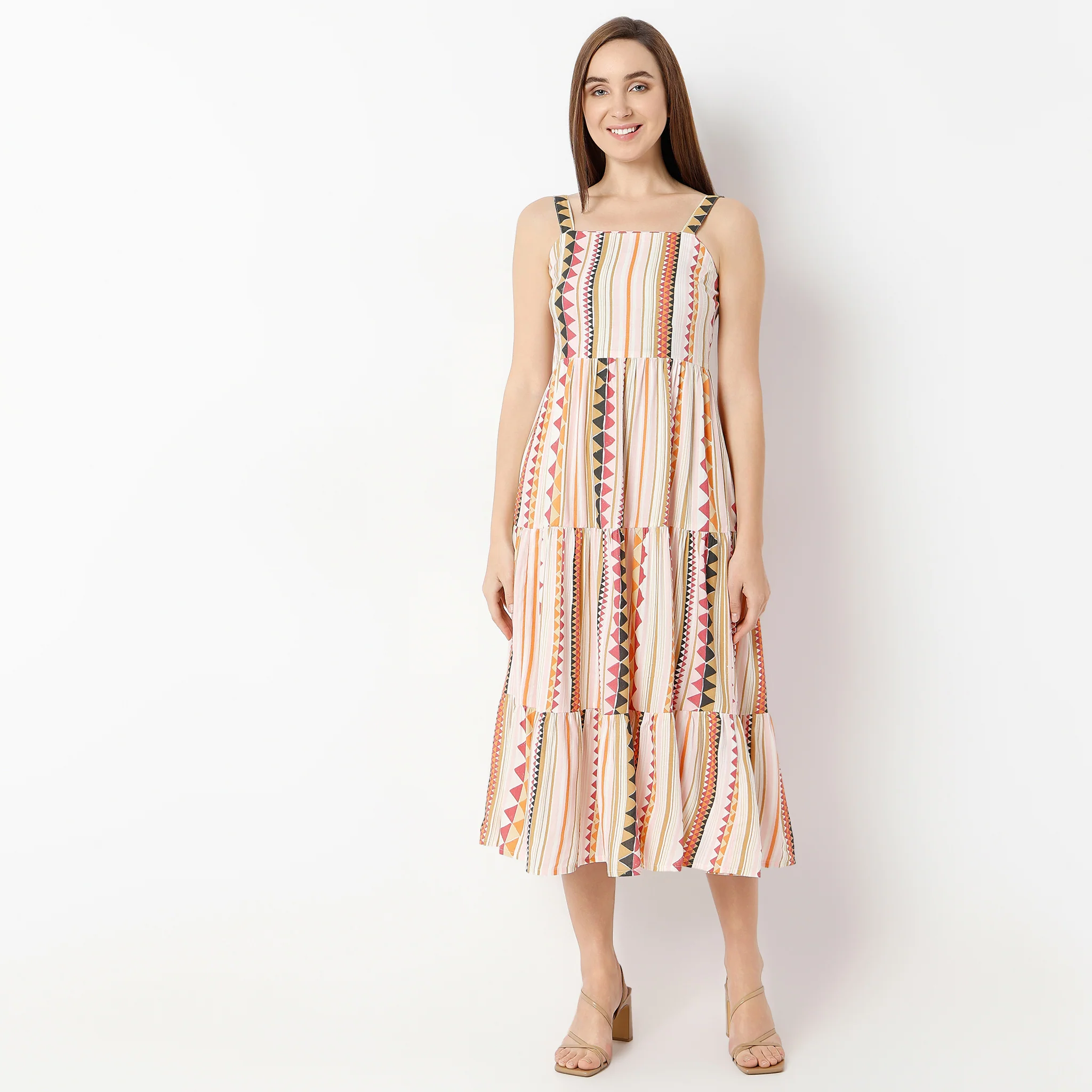 Square Neck Calf Length Sleeveless Flare Fit Printed Strap Dress - Image 2