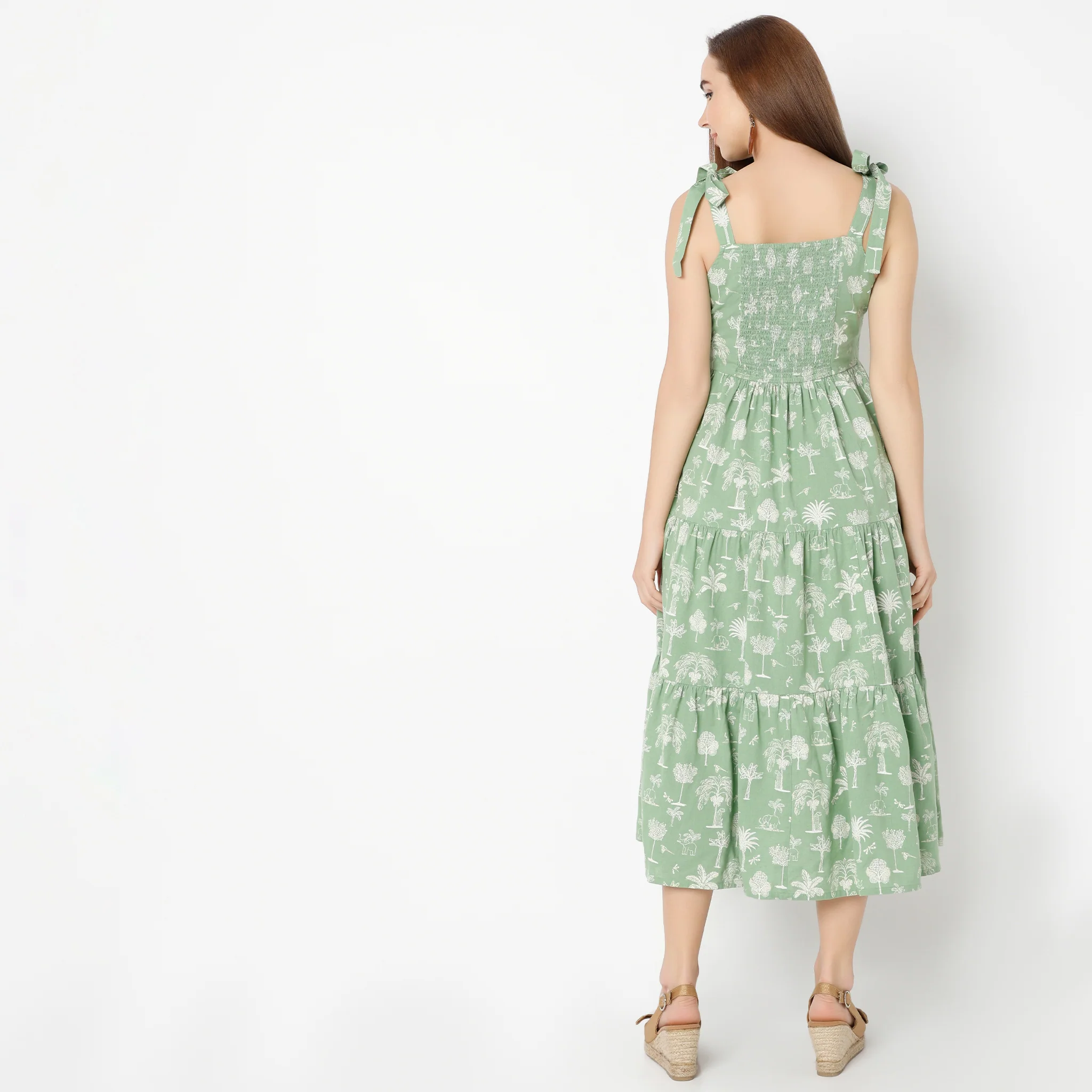 Square Neck Calf Length Flare Fit Floral Printed Strap Dress - Image 3