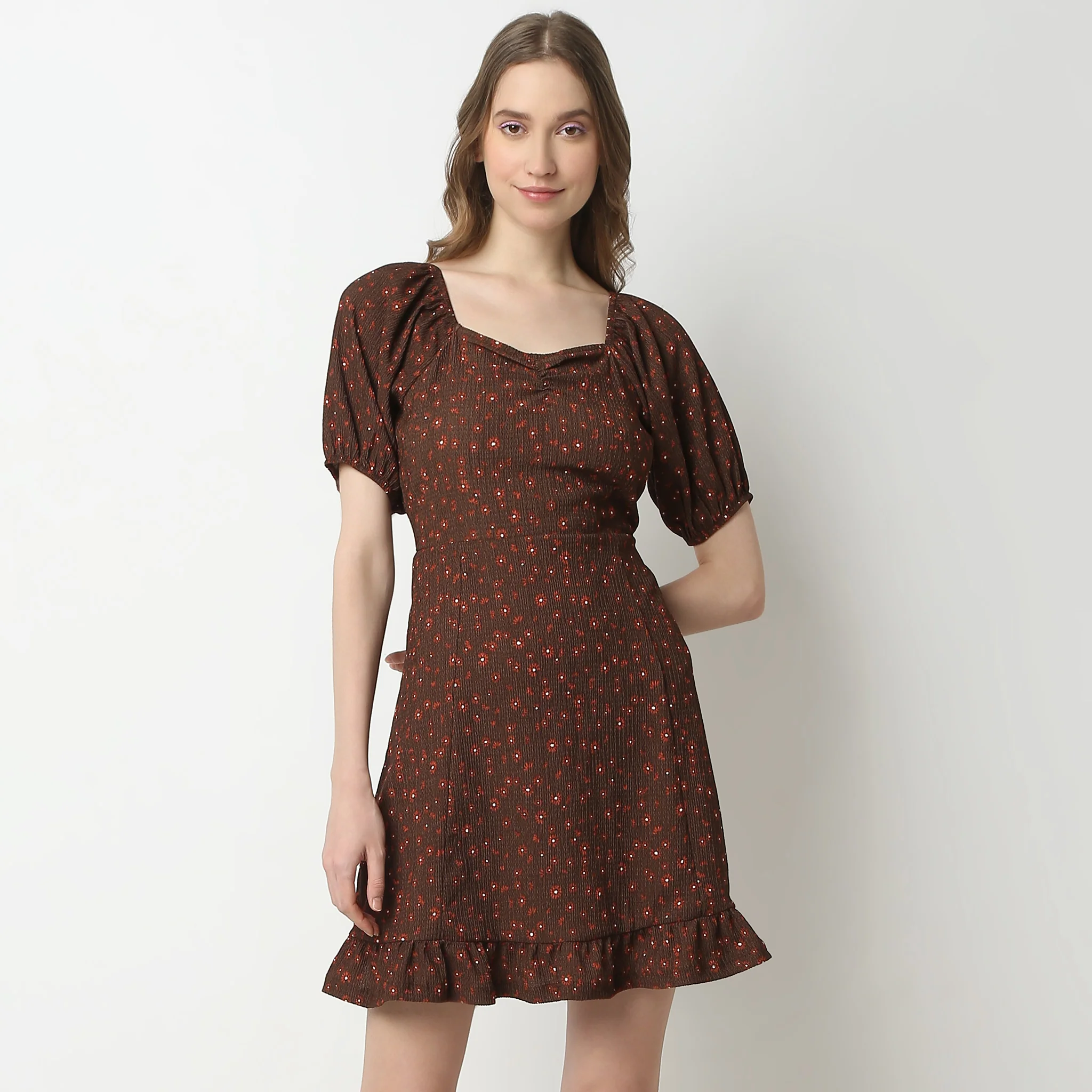 Flare Fit Printed Short Sleeve Square Neck Above Knee Knit Dress - Image 2