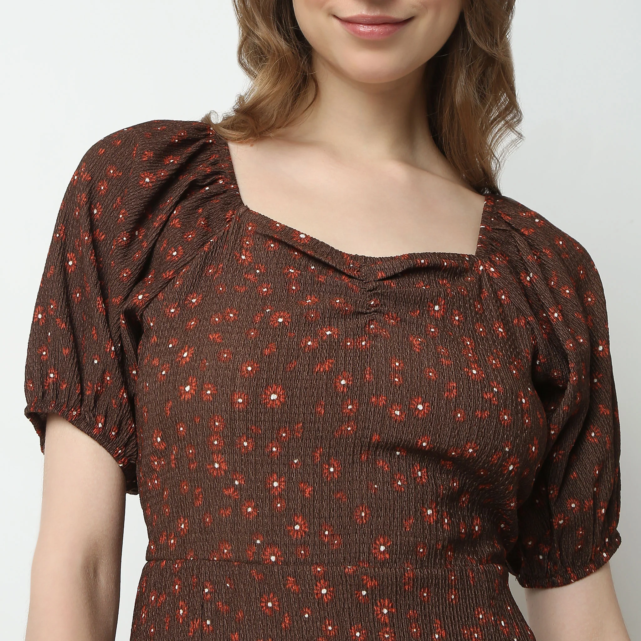 Flare Fit Printed Short Sleeve Square Neck Above Knee Knit Dress - Image 5