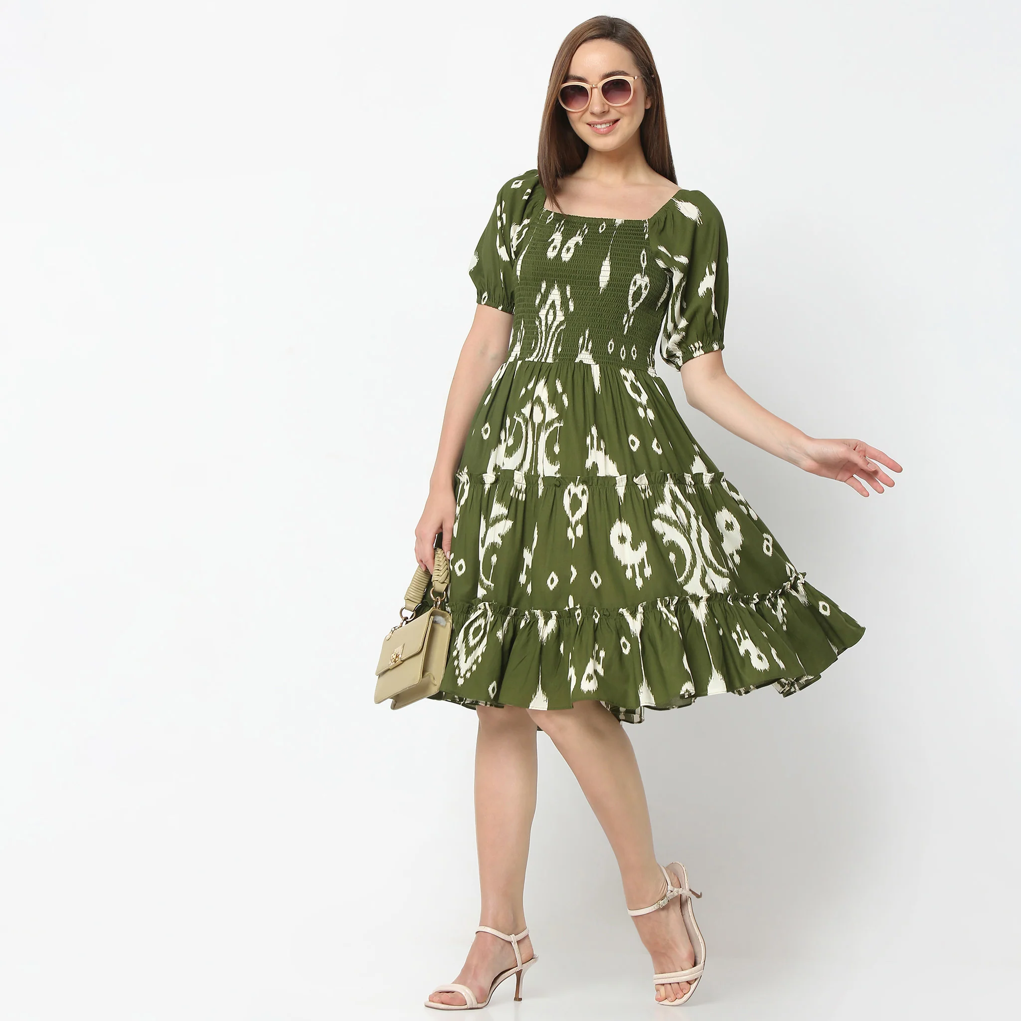 Flare Fit Printed Knee Length Square Neck Short Sleeve Tiered Dress