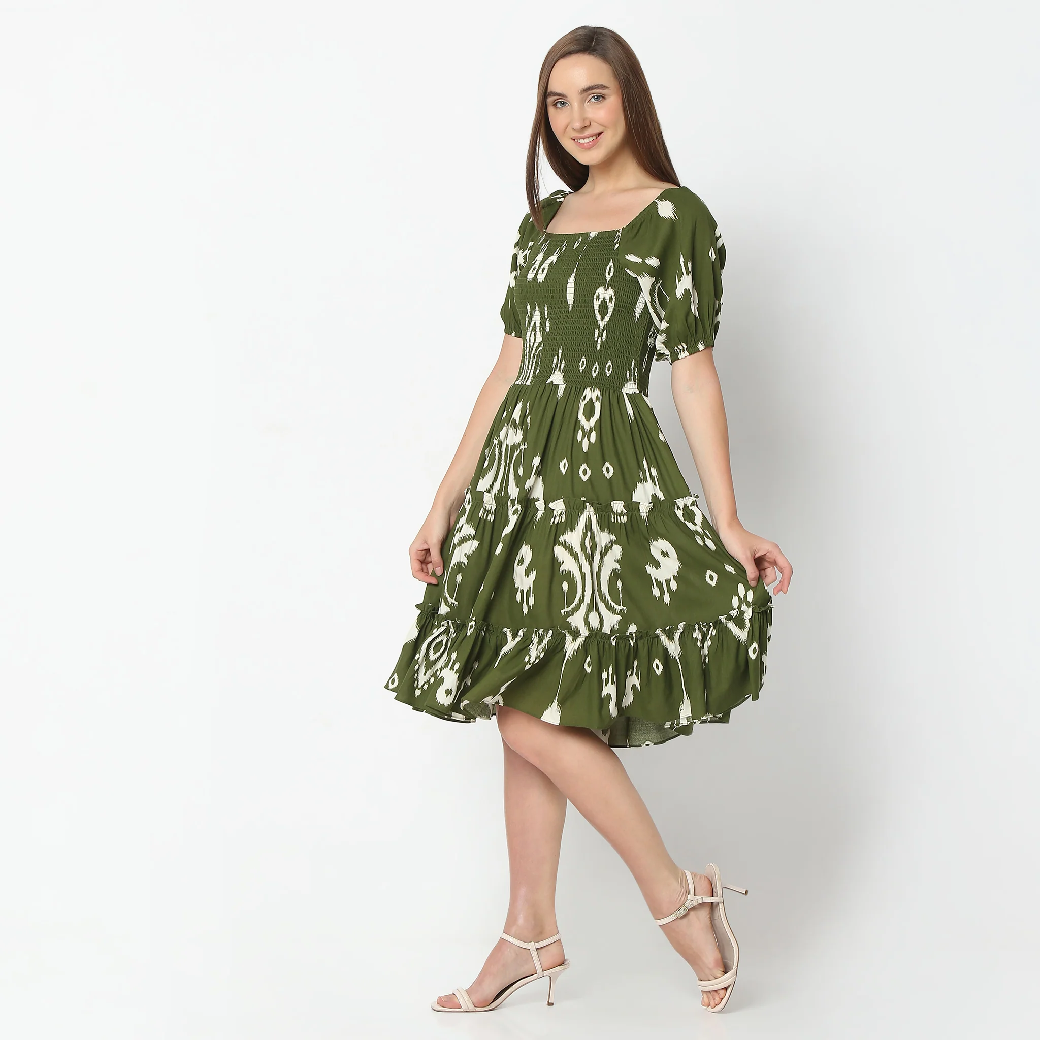Flare Fit Printed Knee Length Square Neck Short Sleeve Tiered Dress - Image 5