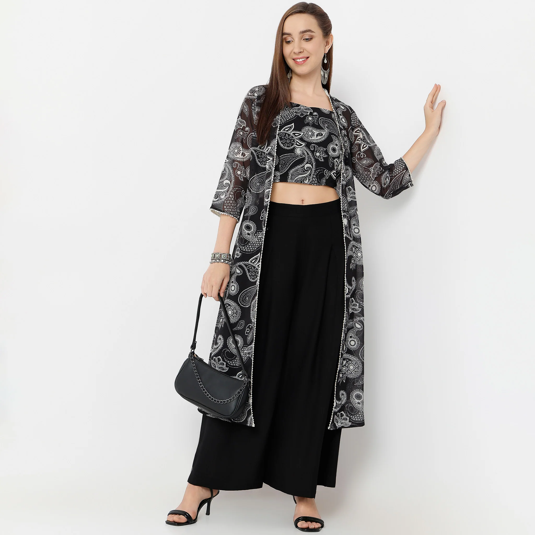 Printed Square Neck Speghetti Crop Top With Three-Fourth Sleeve Calf Length Flare Fit Shrug And Solid Pallazo Co-Ords - Image 6