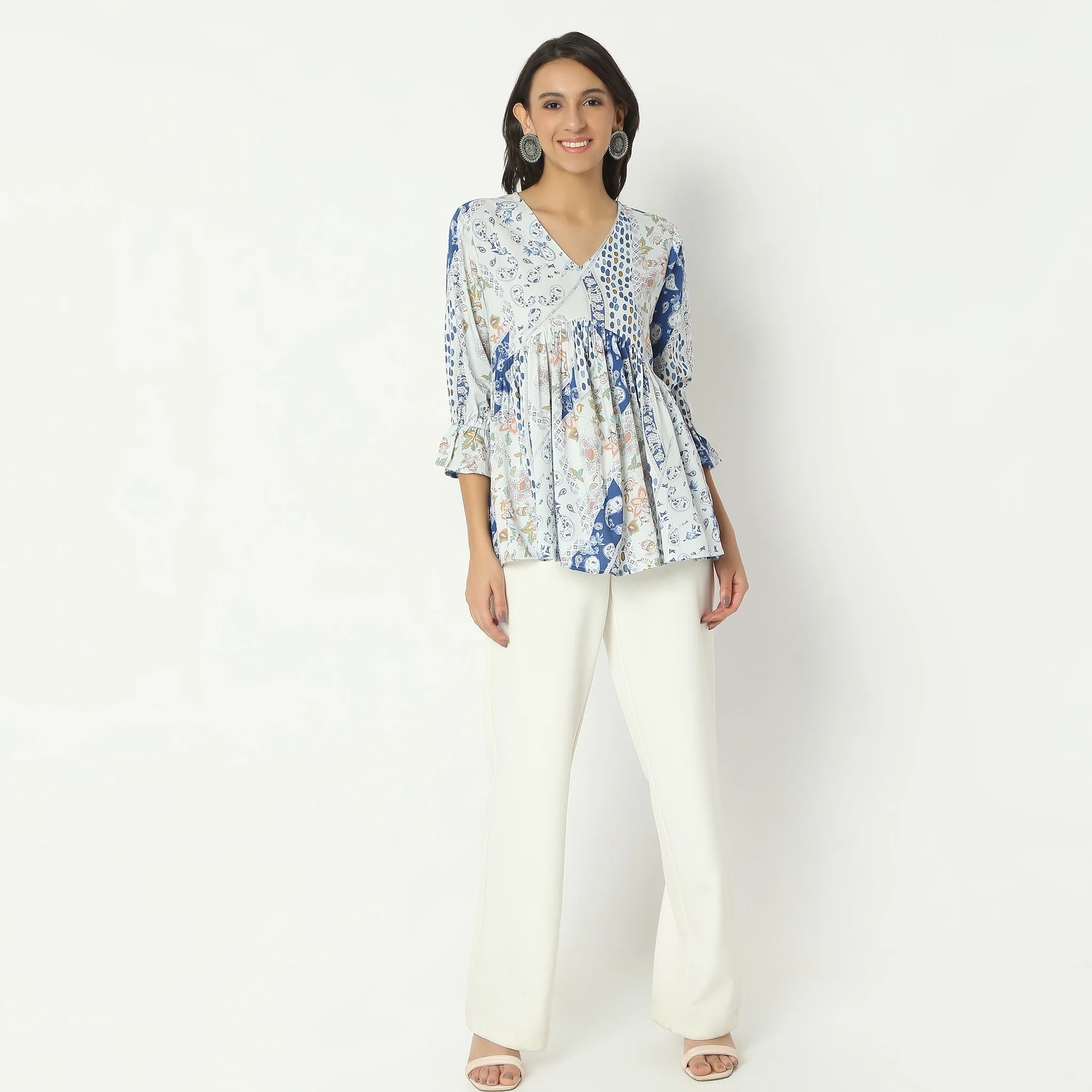 Flare Fit Printed Above Knee V-Neck Top - Image 2