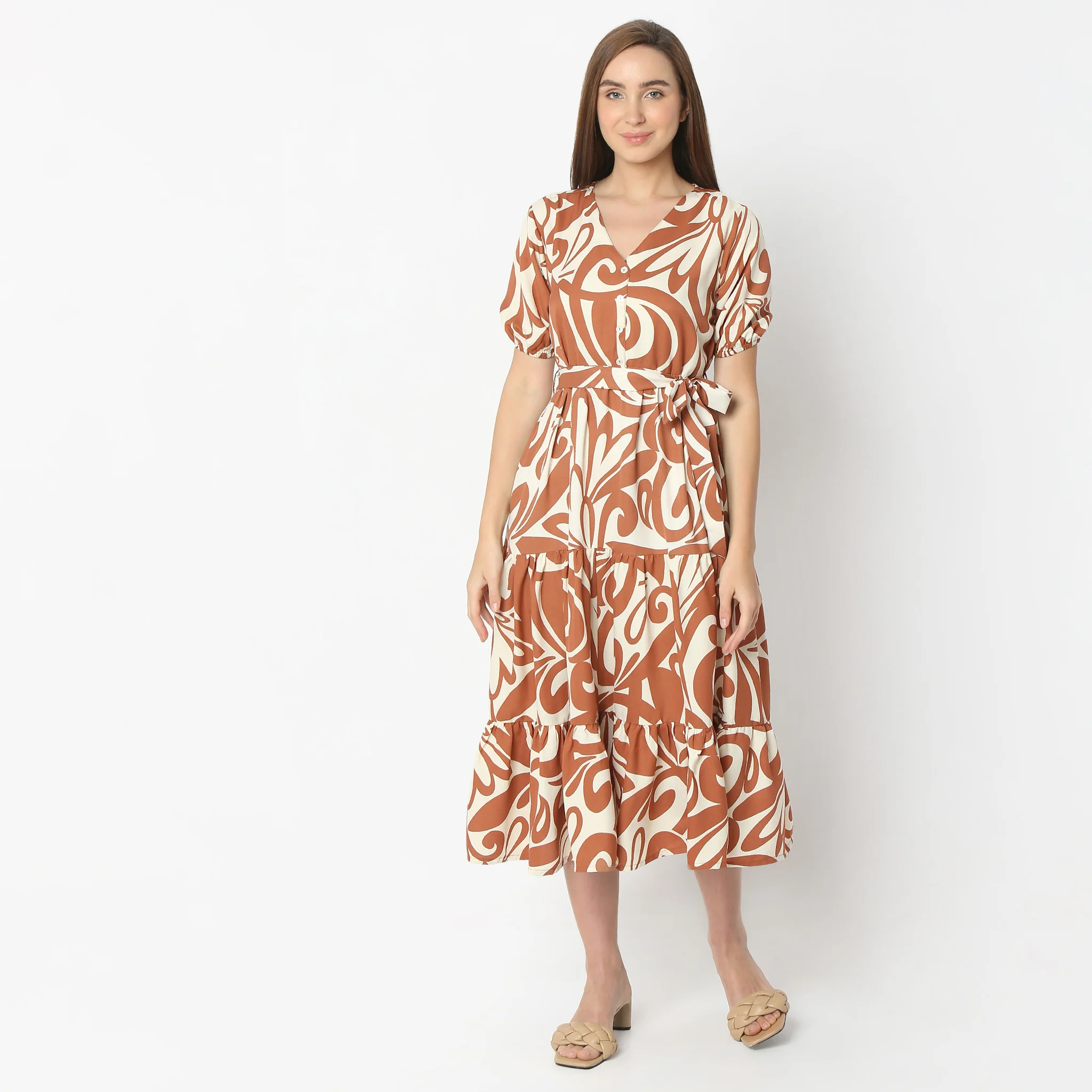 Flare Fit Printed Below Knee V-Neck Short Sleeve Dress - Image 2