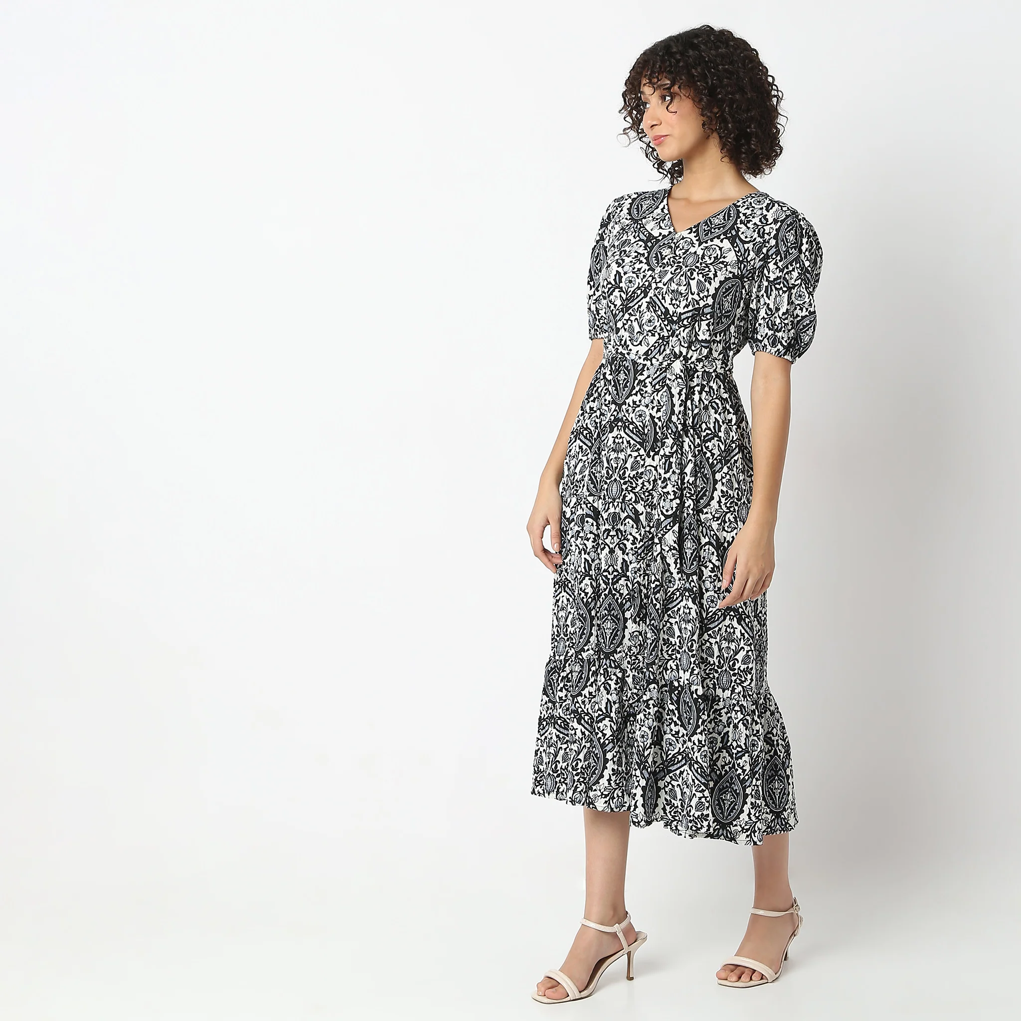 Flare Fit Floral Print Puff Sleeve Tiered Dress - Image 5