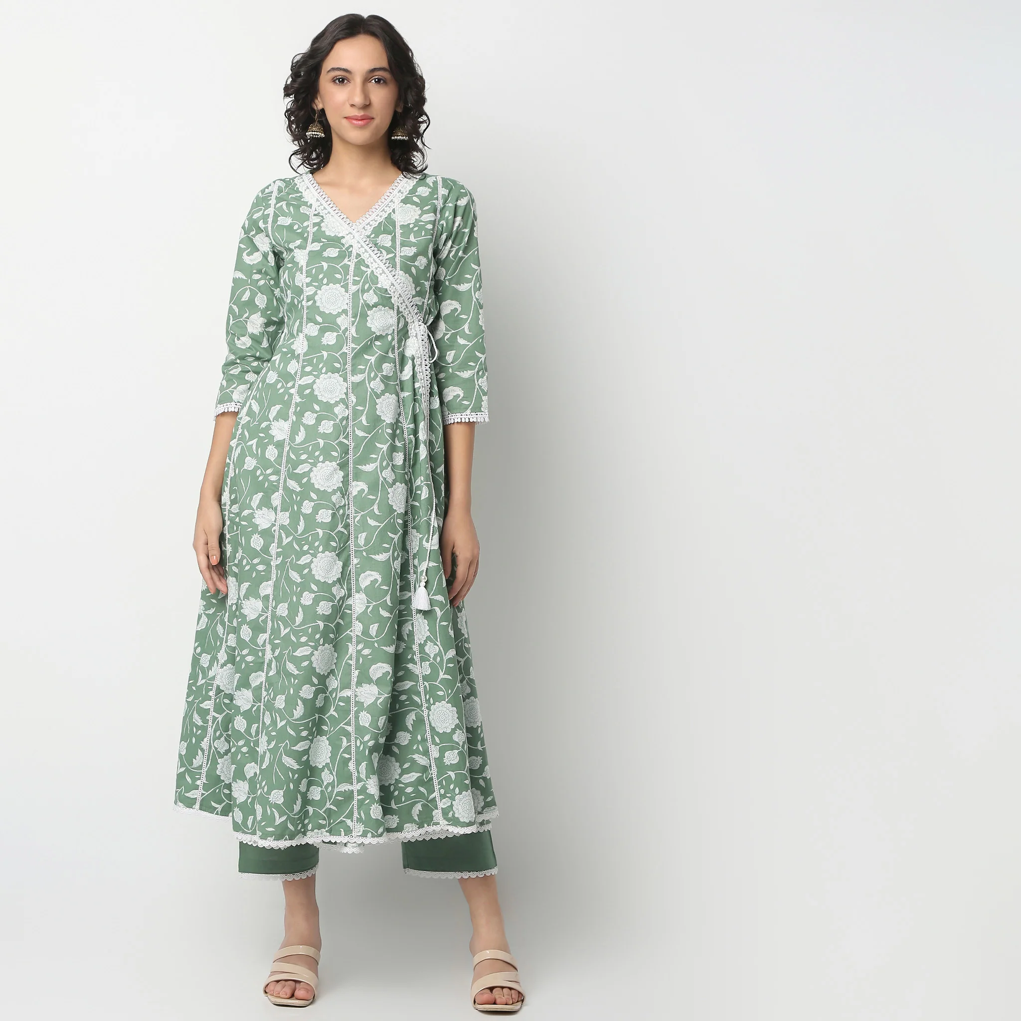 V-Neck Flare Fit All Over Print Kurta And Pant With Dupatta Set