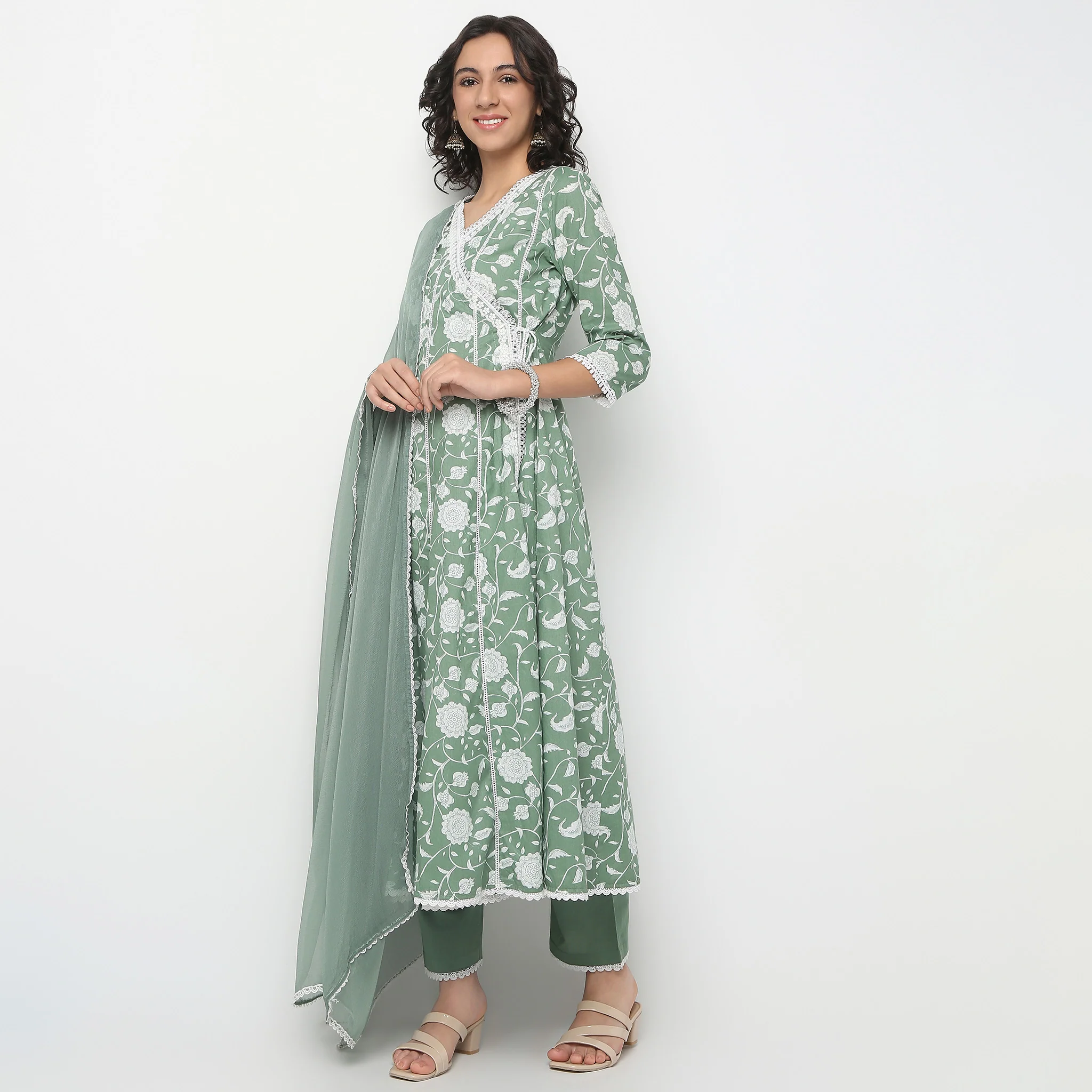 V-Neck Flare Fit All Over Print Kurta And Pant With Dupatta Set - Image 9