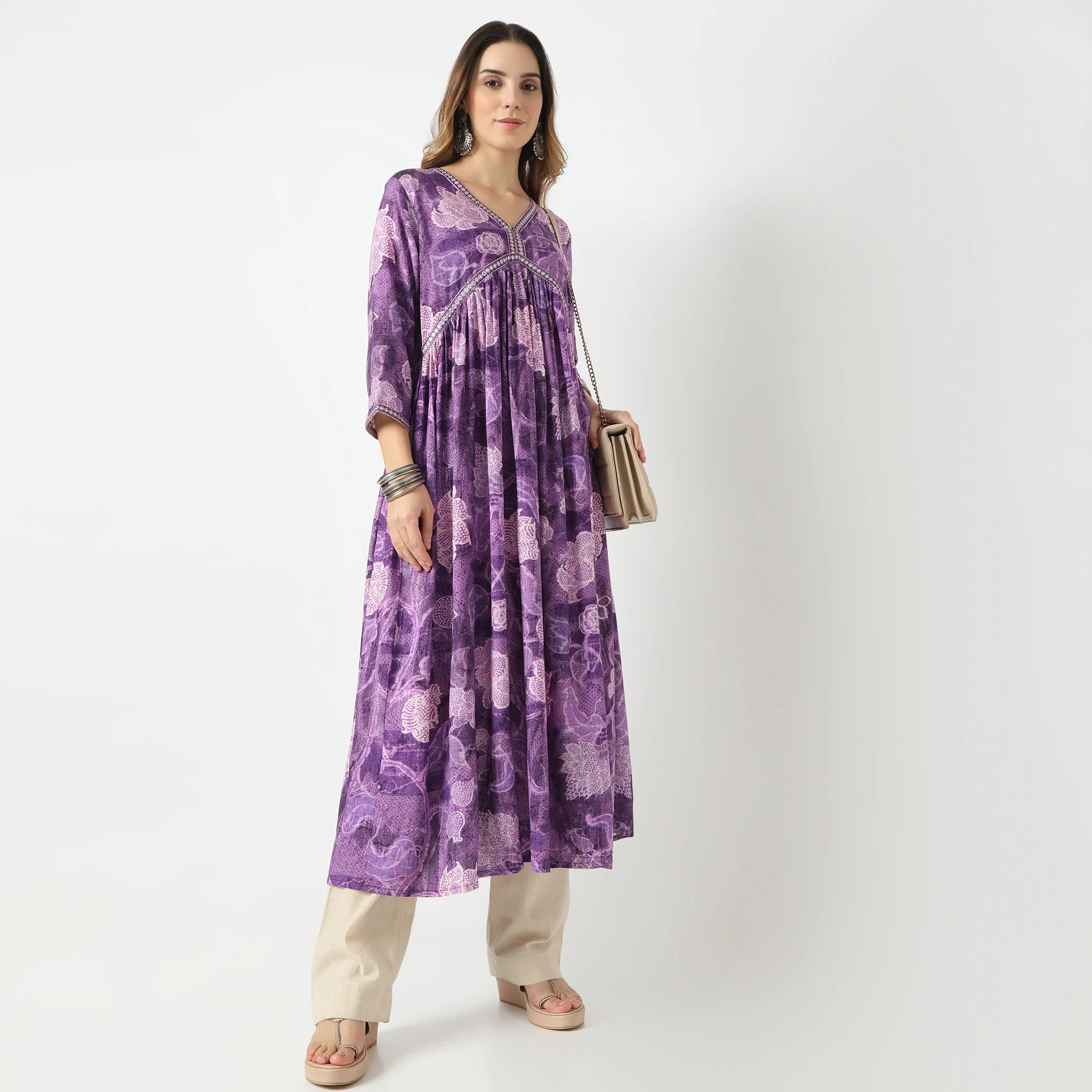 Flare Fit Printed V-Neck Alia Cut Below Knee Kurta