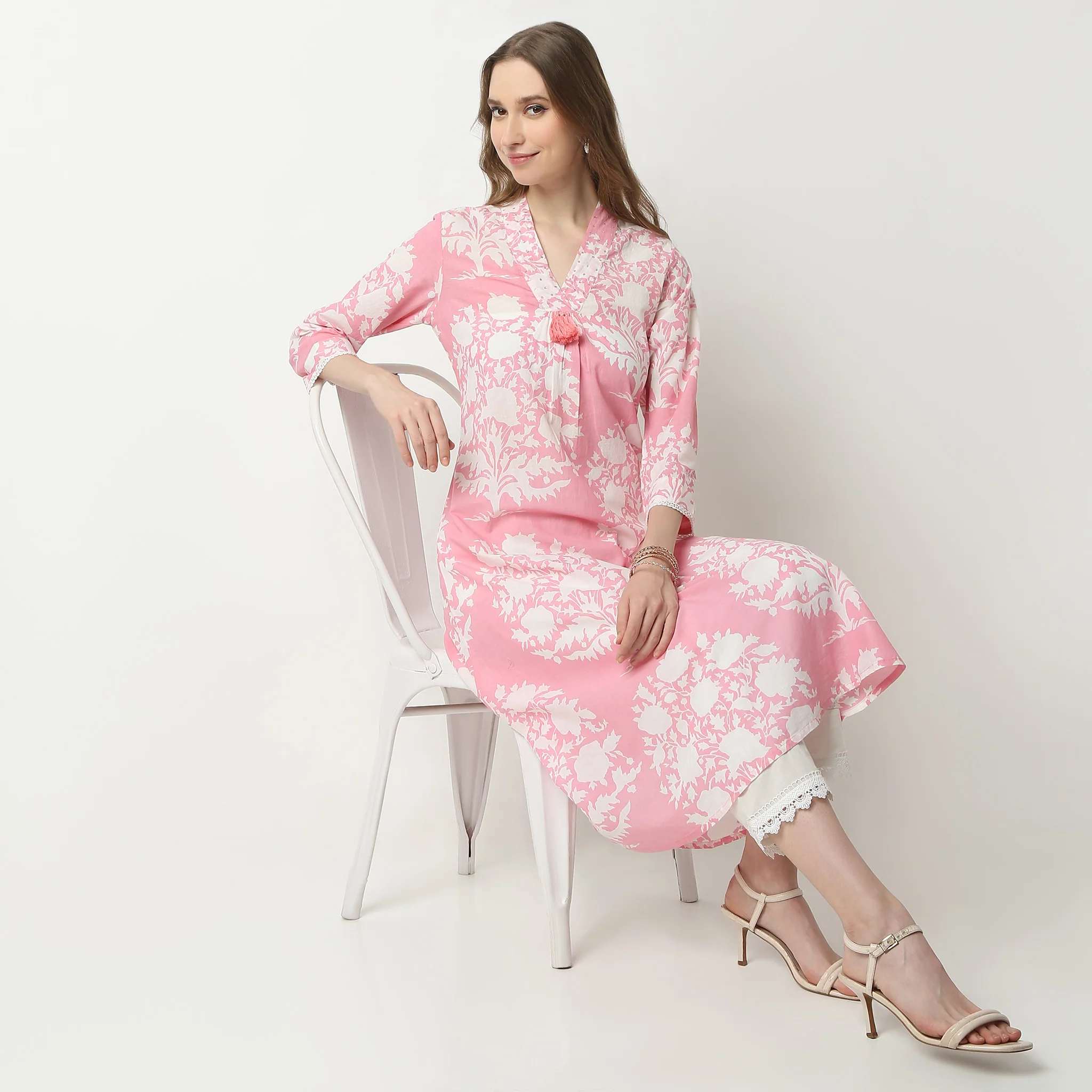 Flare Fit Printed V-Neck Gathered Jaipur Essence Flared Below Knee Kurta