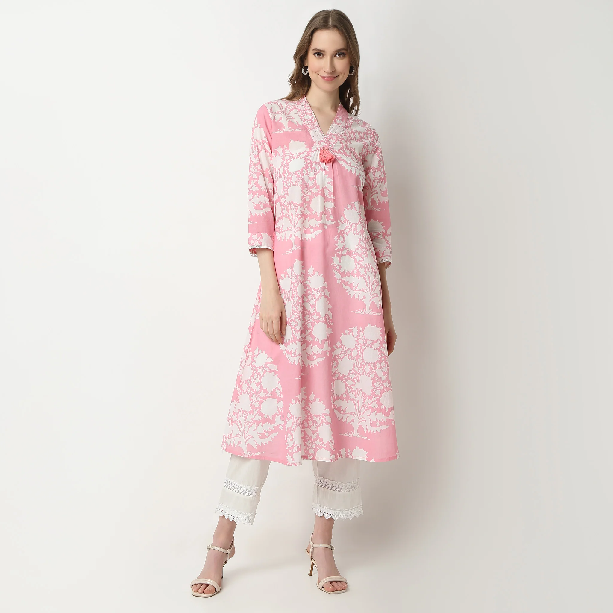Flare Fit Printed V-Neck Gathered Jaipur Essence Flared Below Knee Kurta - Image 2