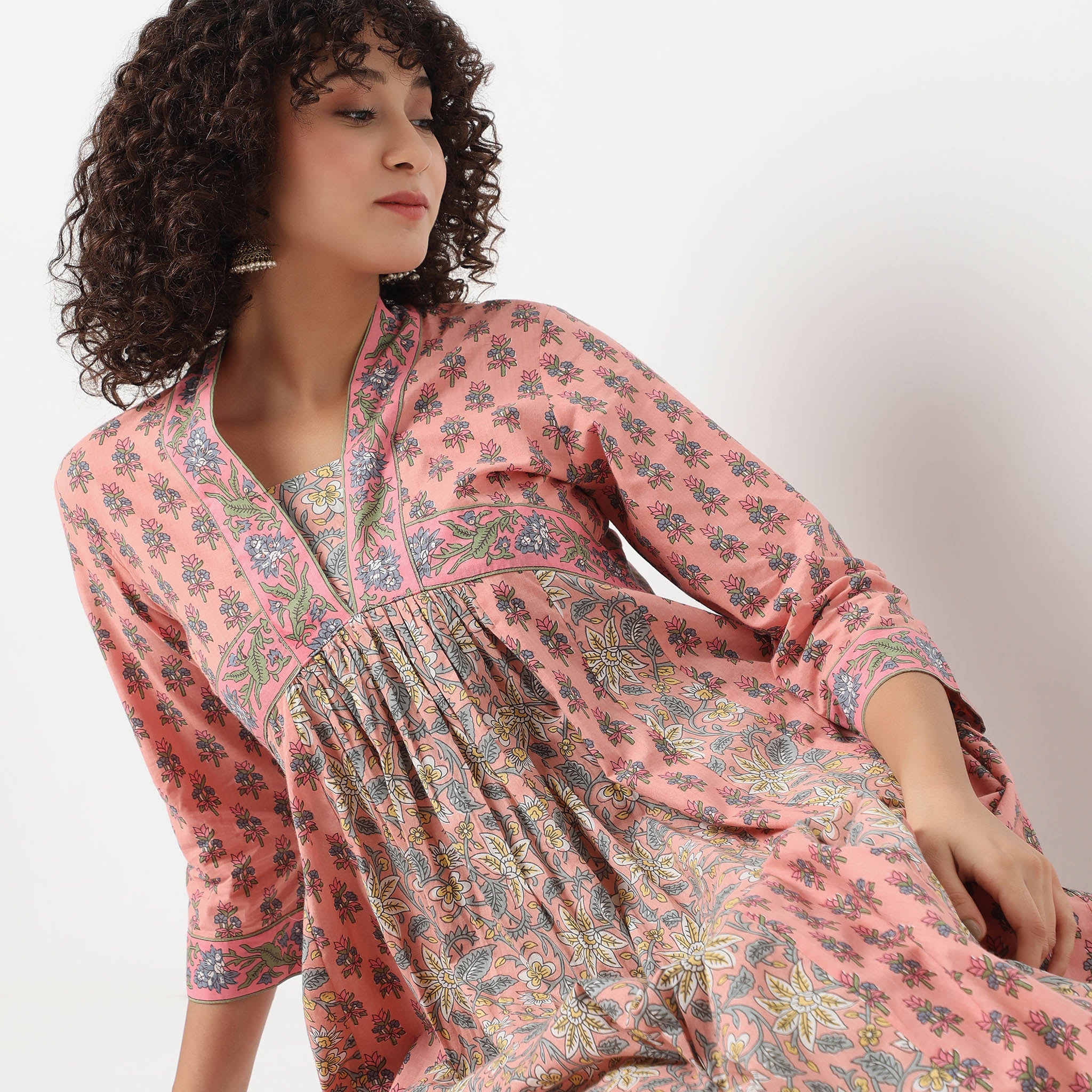 V-Neck Below Knee Three-Fourth Sleeve Flared Printed Kurta - Image 4