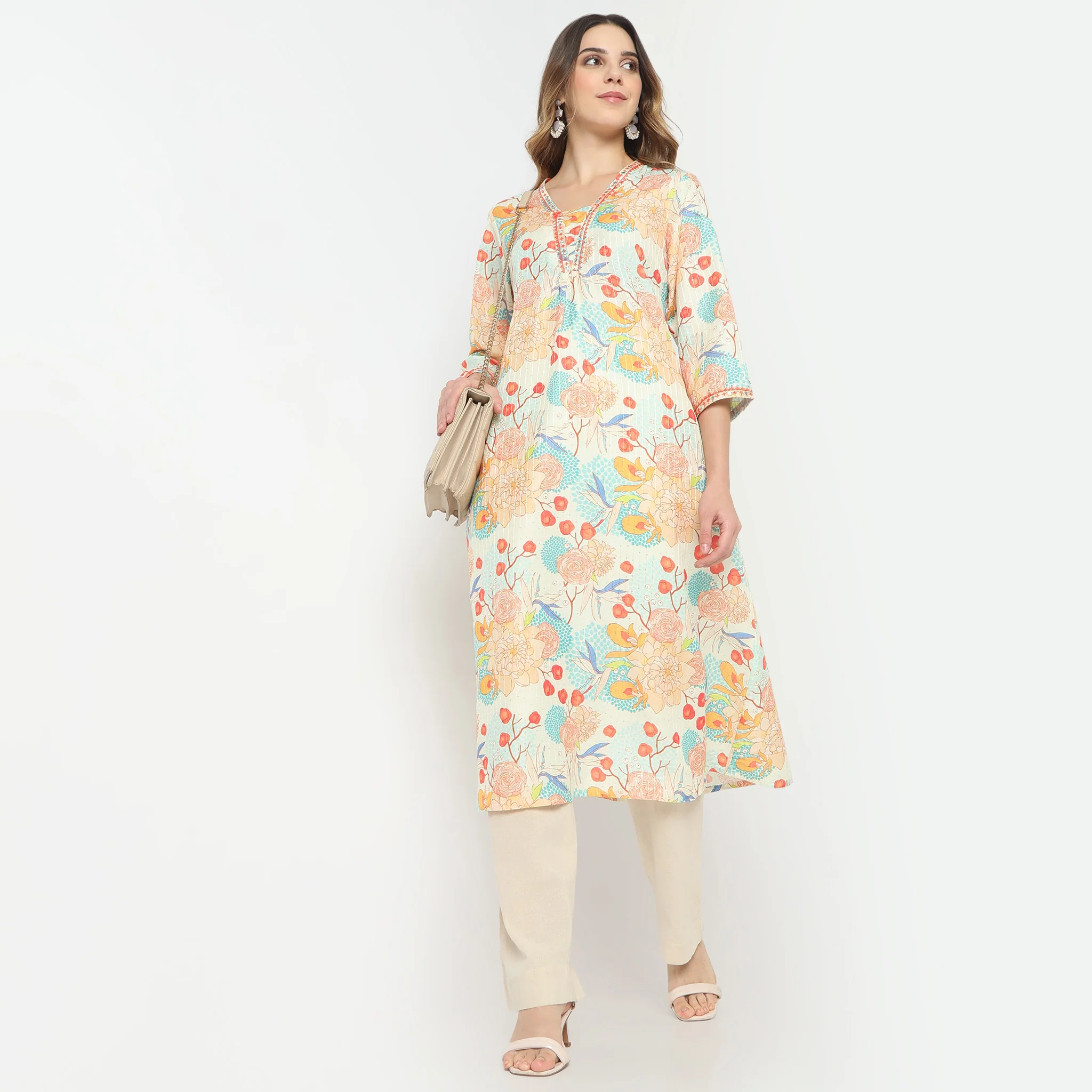 Flare Fit Printed V-Neck Flared Printed Kurta Kurta Below Knee Kurta