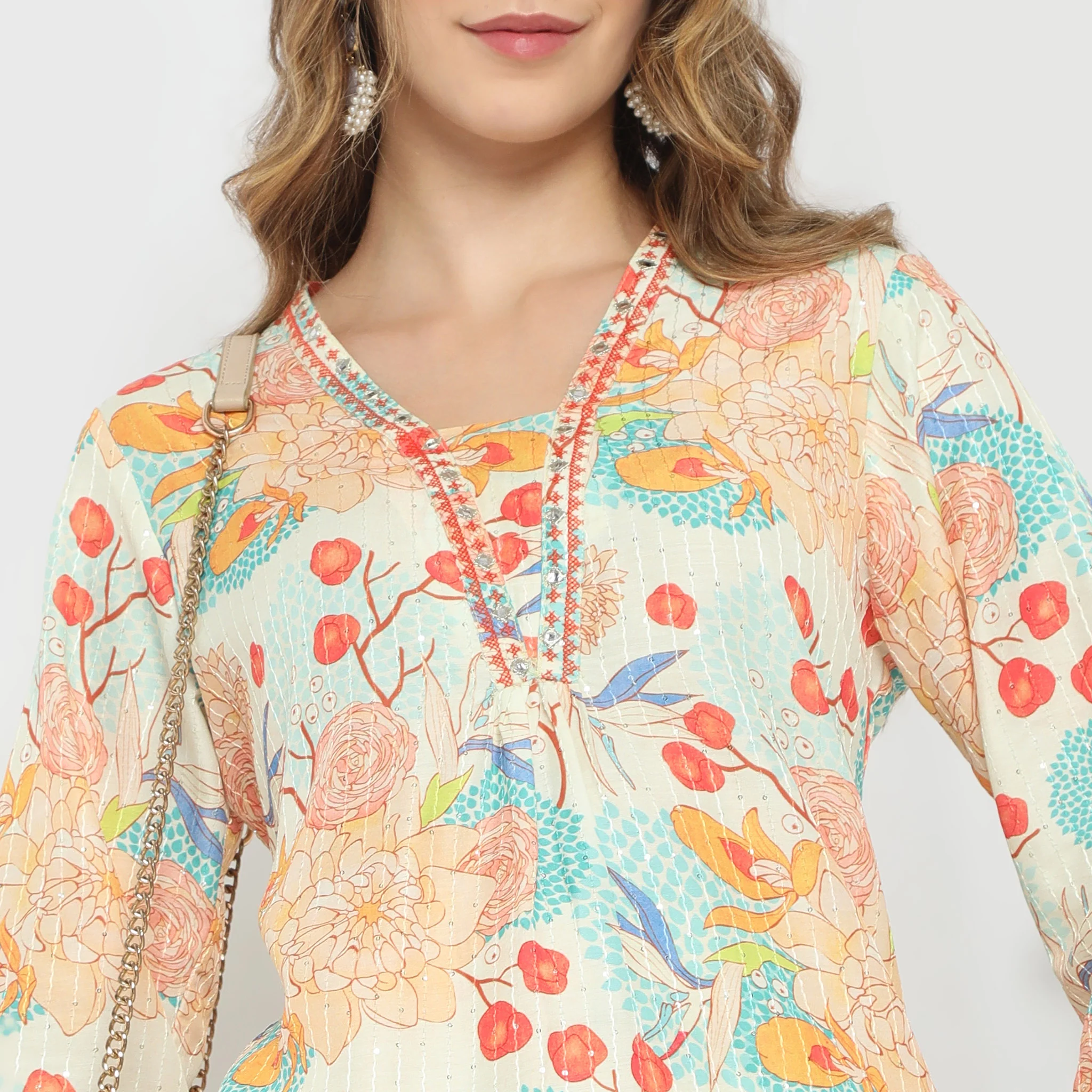 Flare Fit Printed V-Neck Flared Printed Kurta Kurta Below Knee Kurta - Image 5