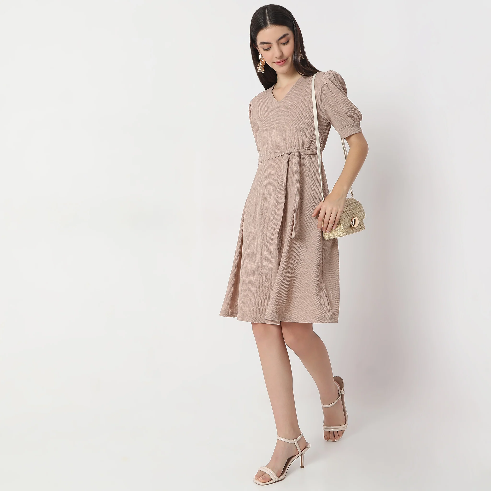 Flare Fit Knee Length Short Sleeve V-Neck Flared Dress
