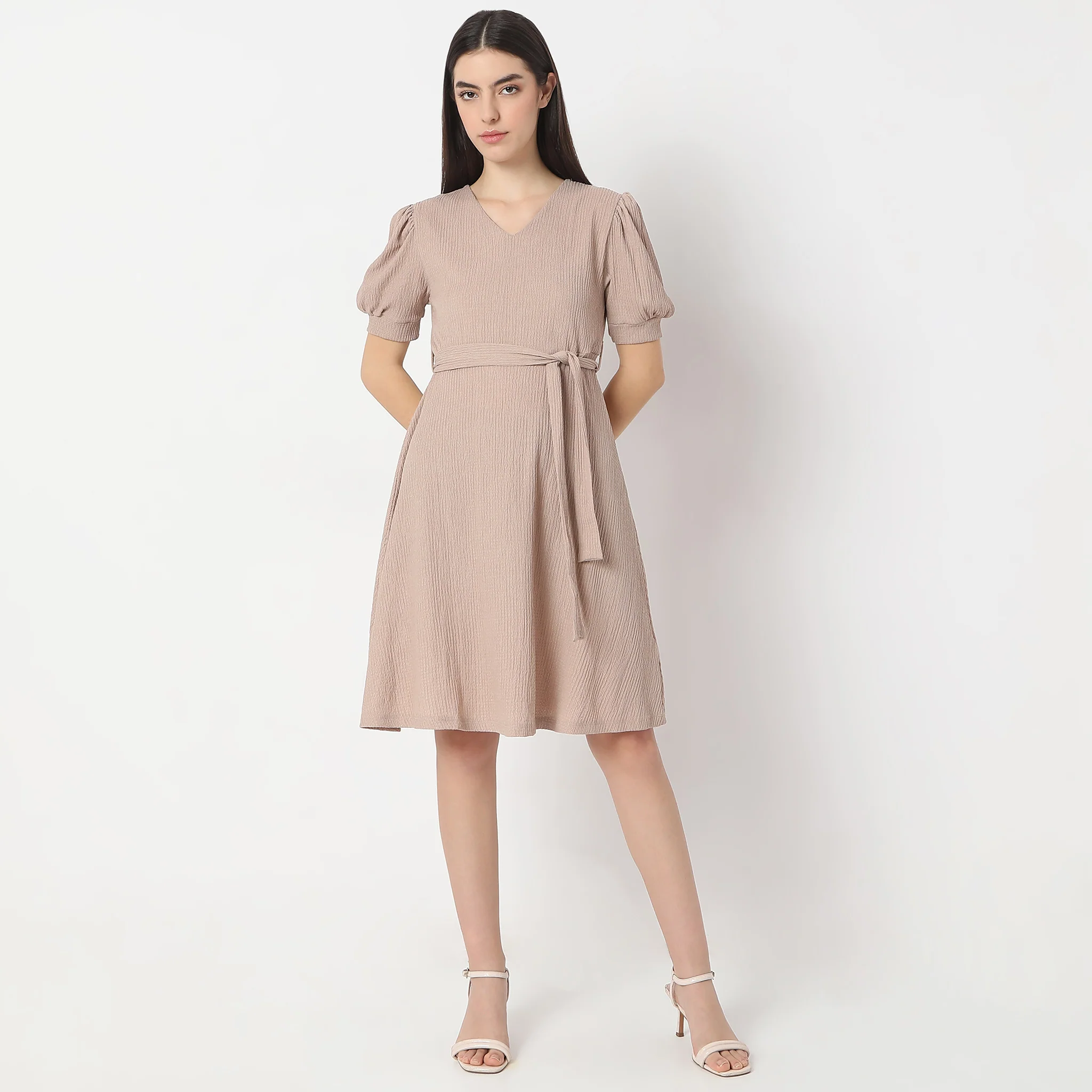 Flare Fit Knee Length Short Sleeve V-Neck Flared Dress - Image 2