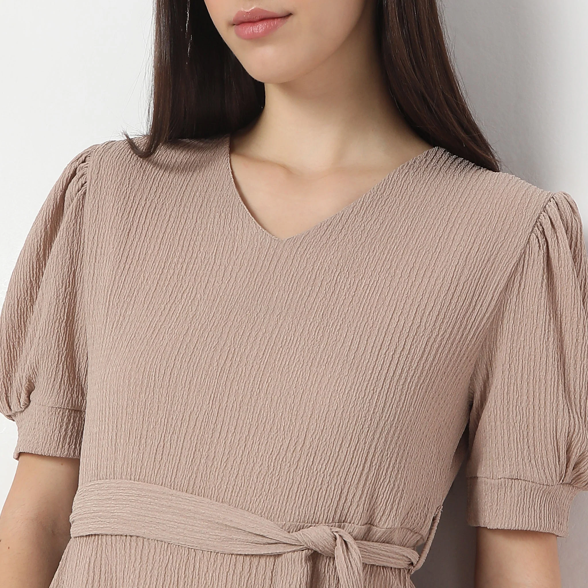Flare Fit Knee Length Short Sleeve V-Neck Flared Dress - Image 4