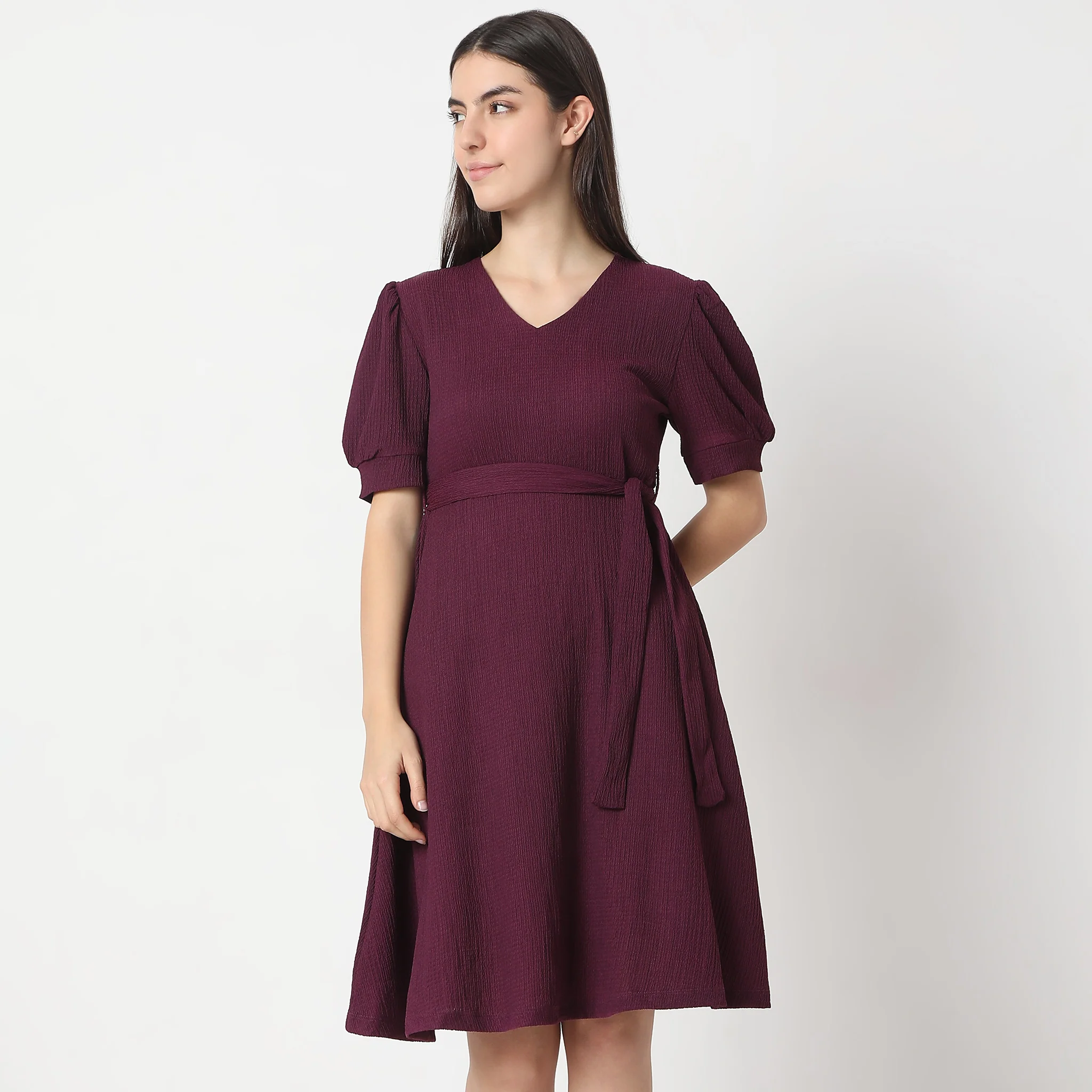 Flare Fit Knee Length Short Sleeve V-Neck Flared Dress - Image 7