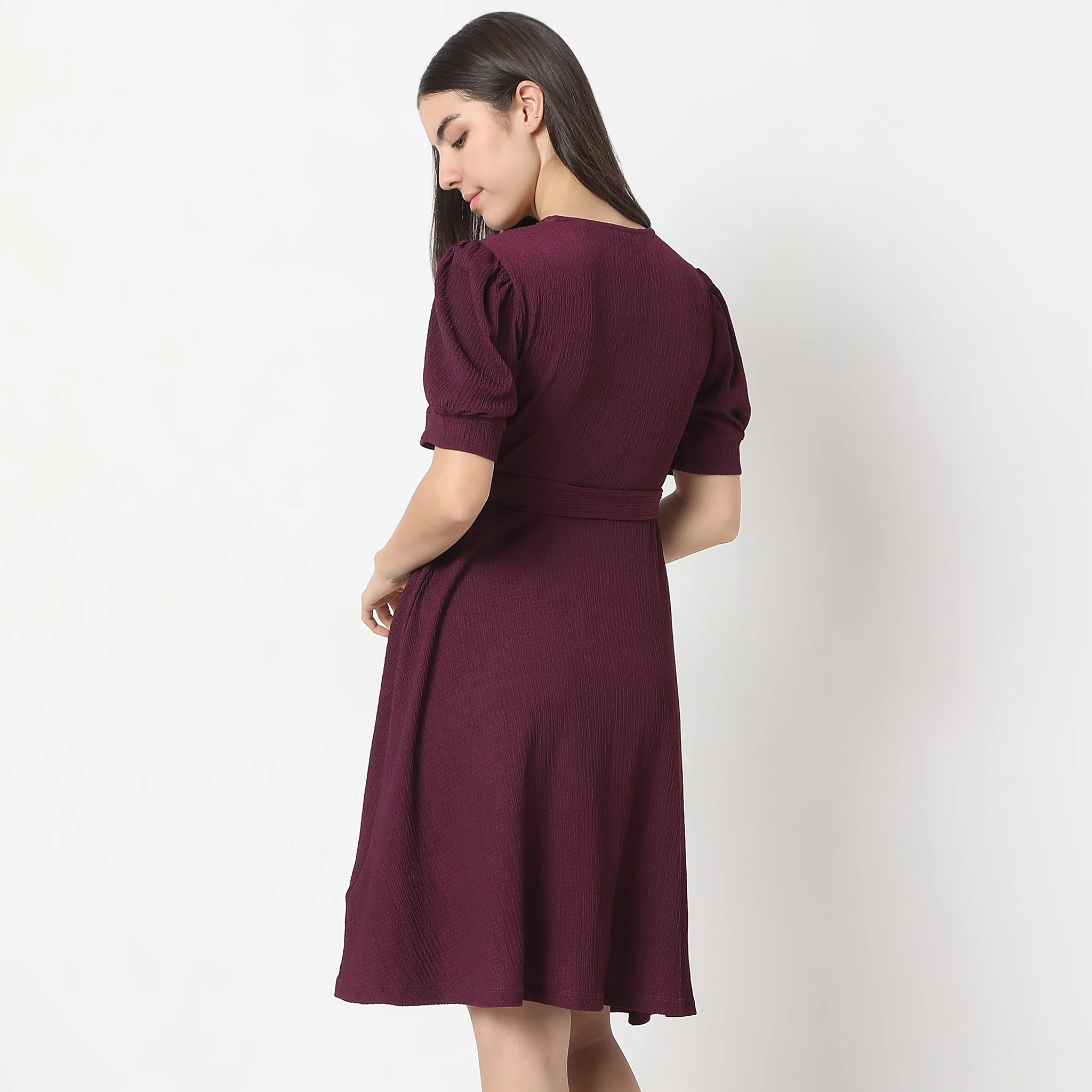 Flare Fit Knee Length Short Sleeve V-Neck Flared Dress - Image 8