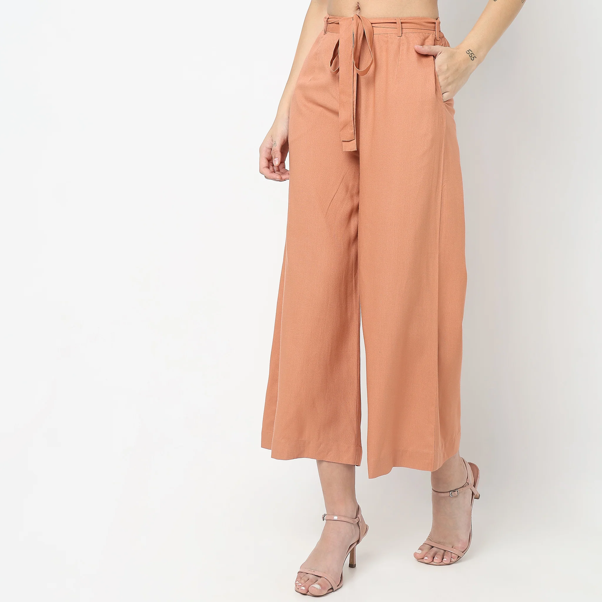 Flare Fit Solid High Rise Palazzos - Image 5