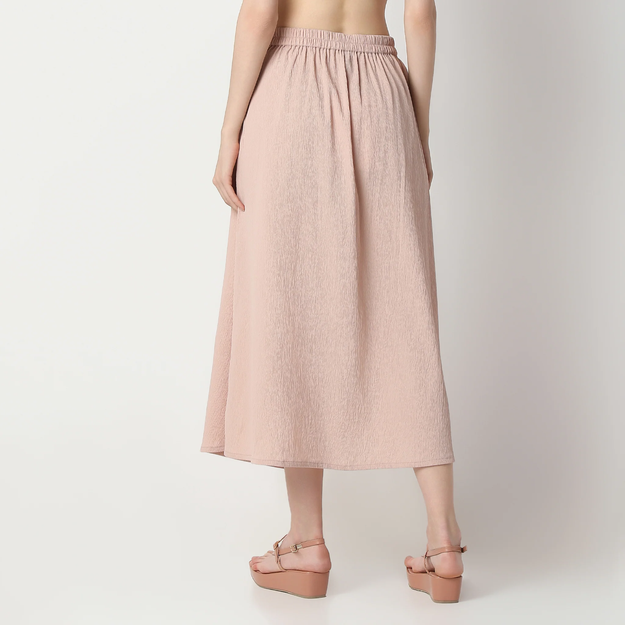 Flare Fit Calf Length High Rise Elasticated Waist Skirt - Image 3