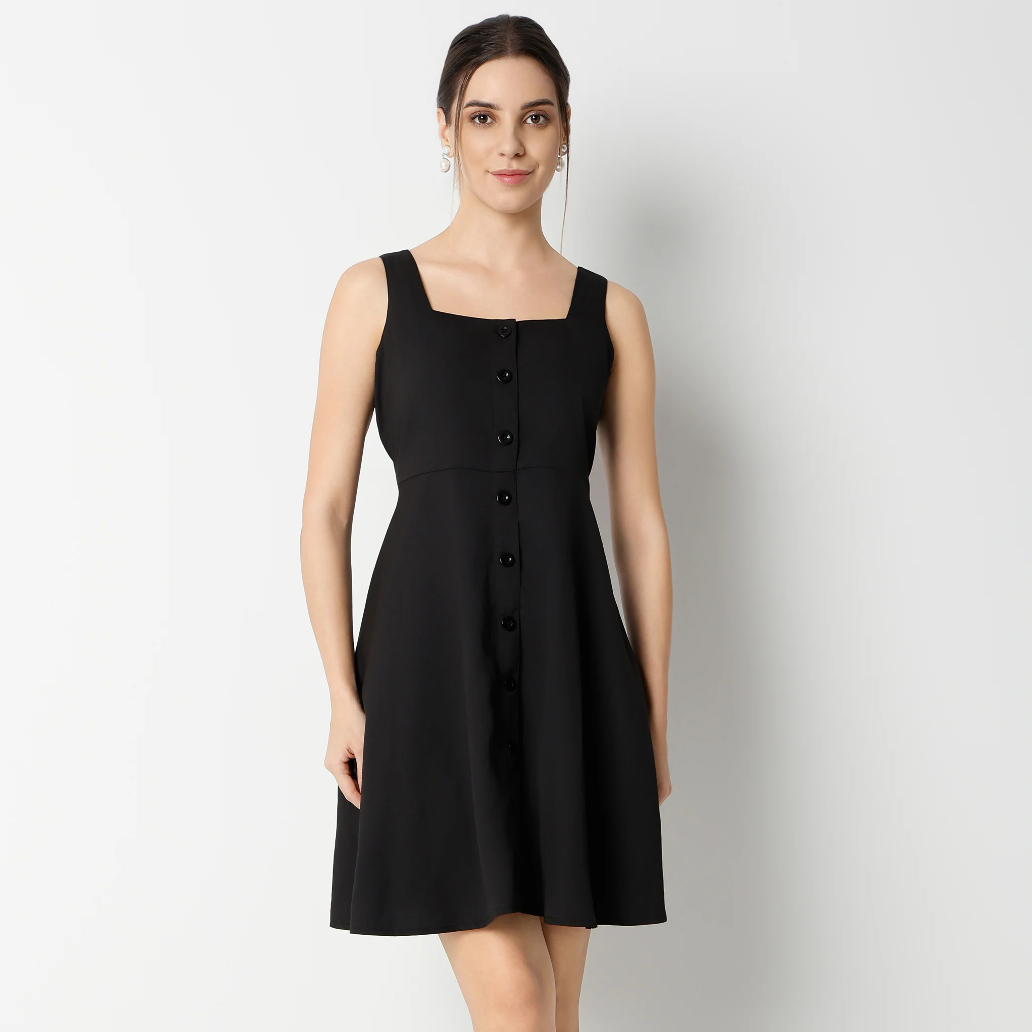 Flare Fit Knee Length Square Neck Sleeveless Dress