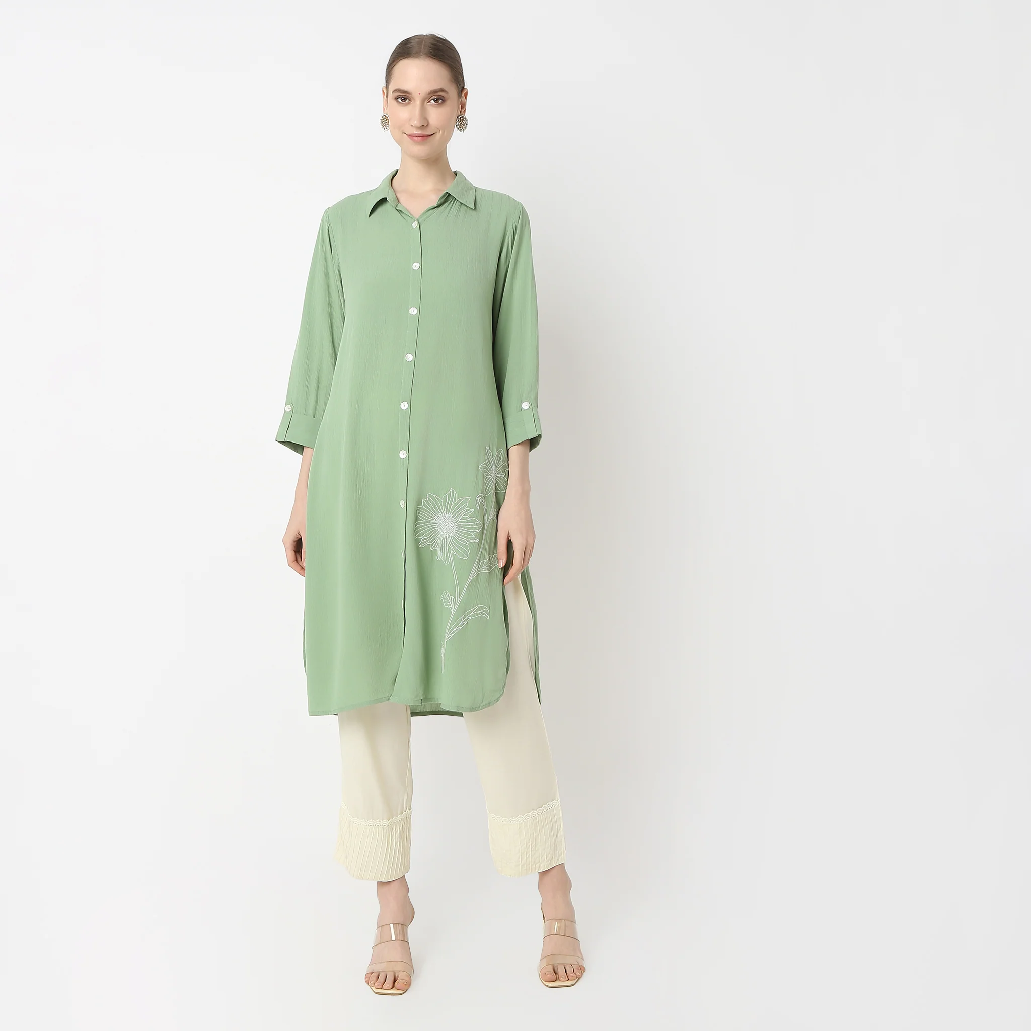 Flare Fit Below Knee Shirt Collar Straight Kurta - Image 2
