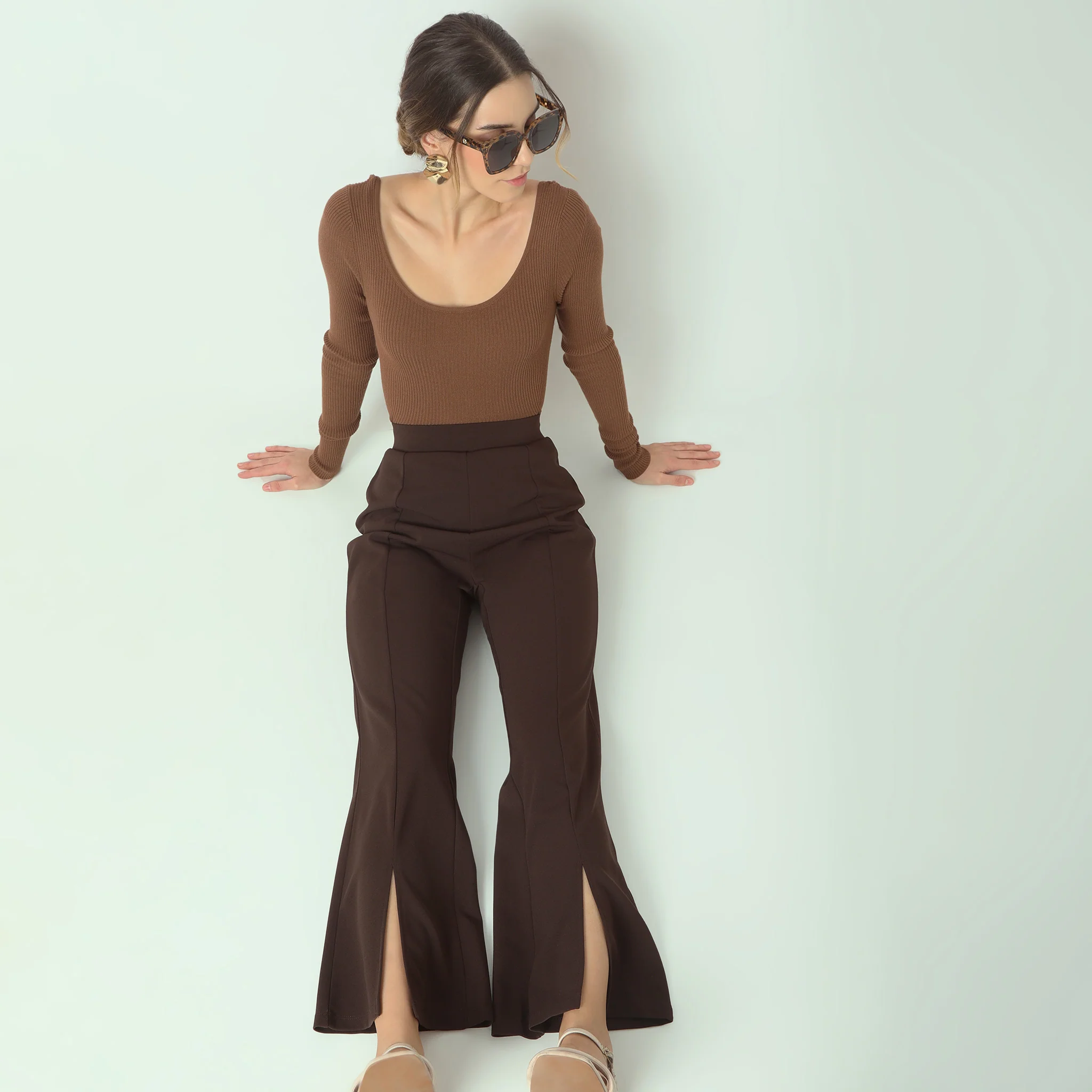 Flare Fit Solid Mid Rise Palazzos - Image 6