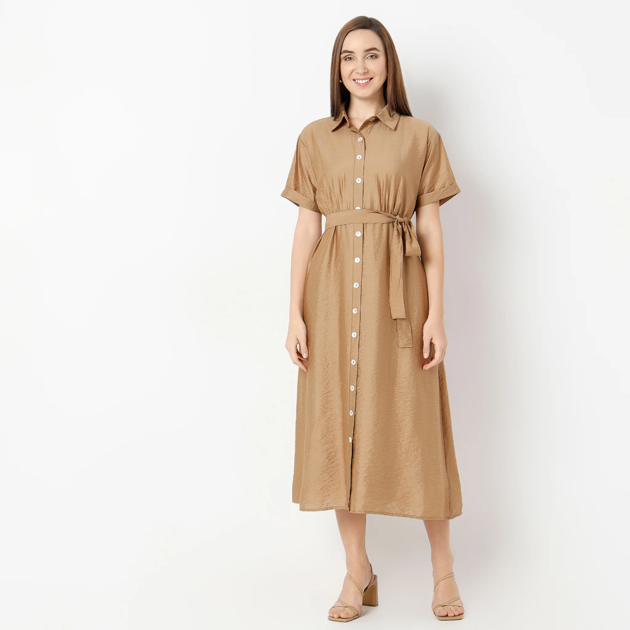 Below Knee Flare Fit Solid Dress - Image 2