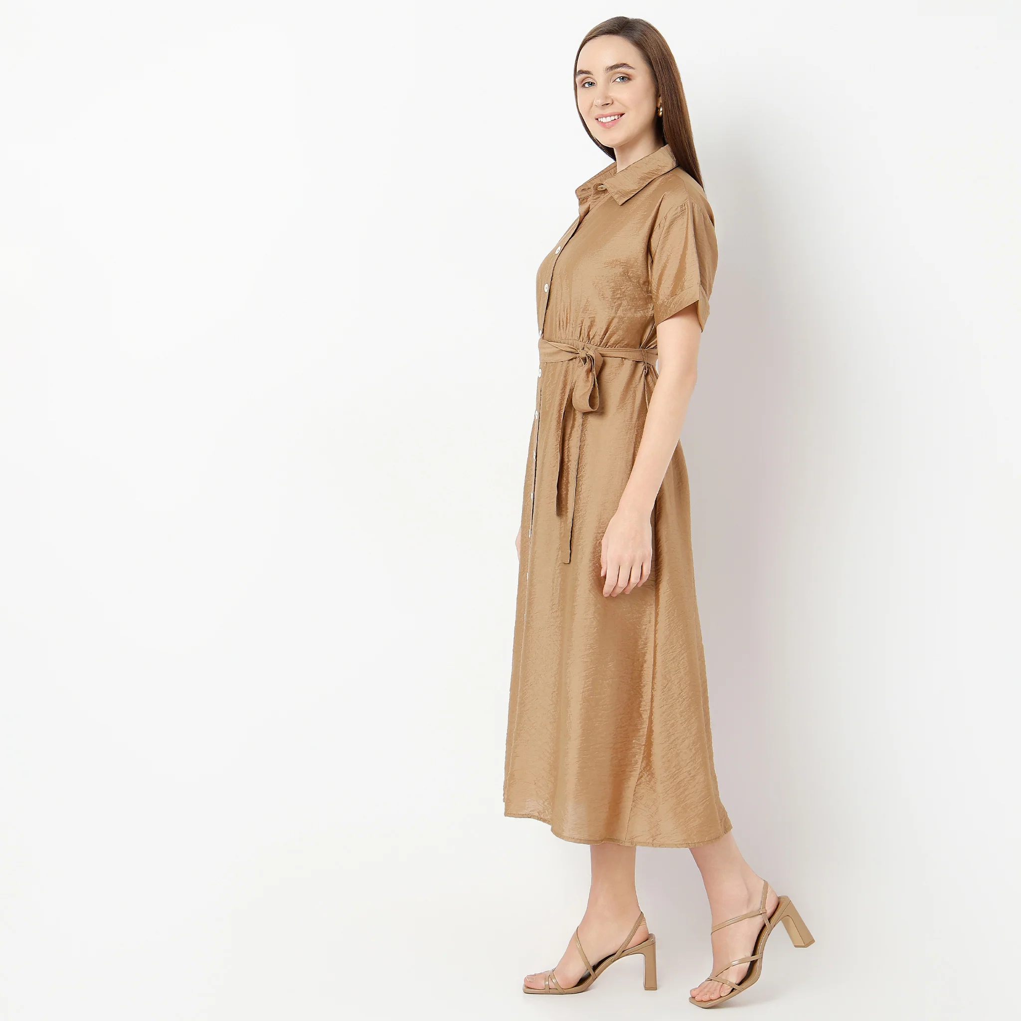 Below Knee Flare Fit Solid Dress - Image 5