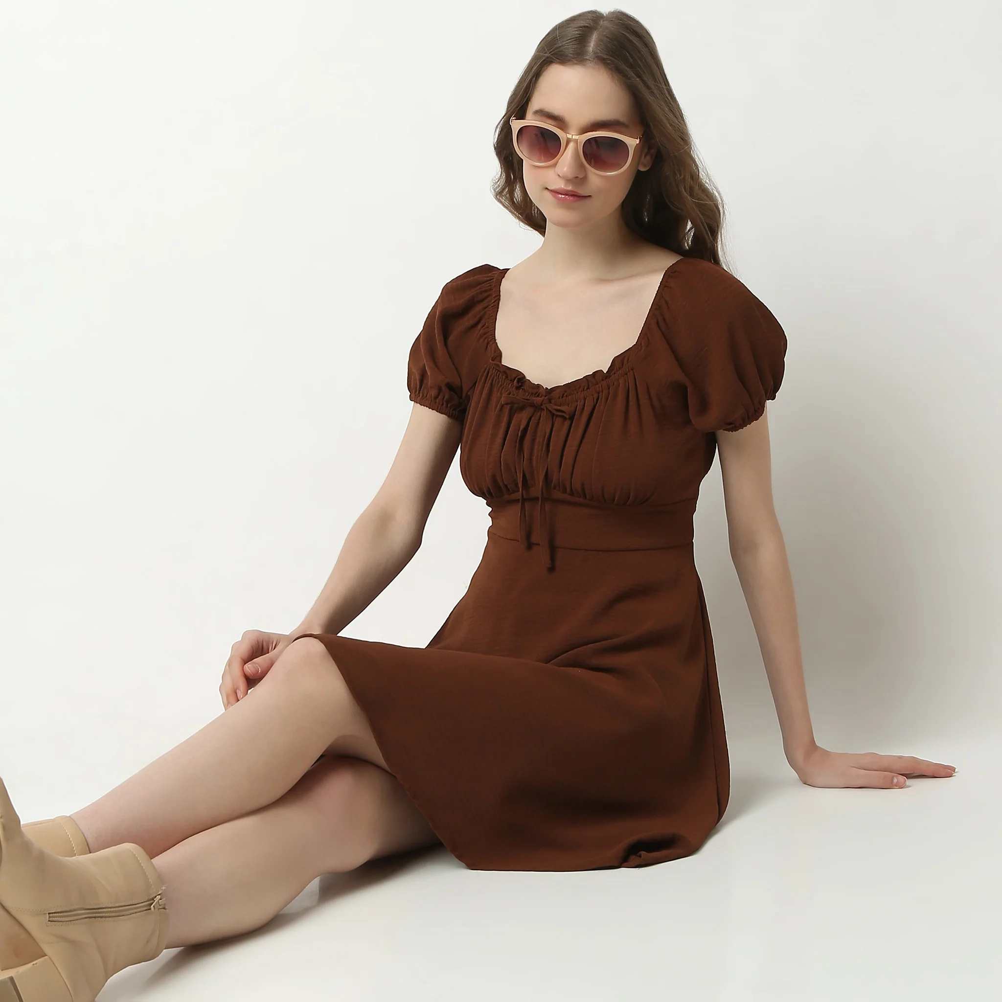 Flare Fit Short Sleeve Square Neck Above Knee Dress