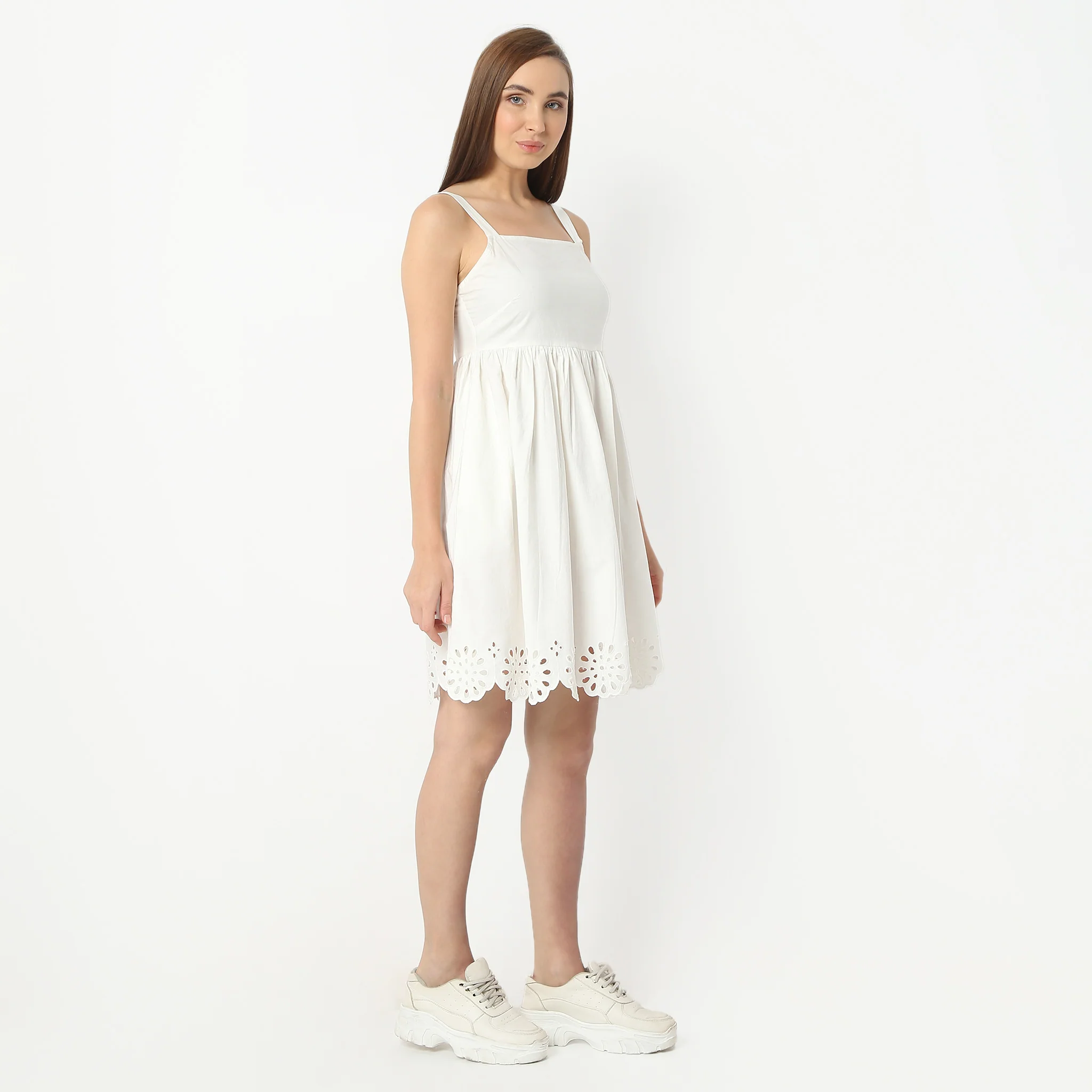 Flare Fit Knee Length Sleeveless Cotton Dress With Cutwork - Image 5