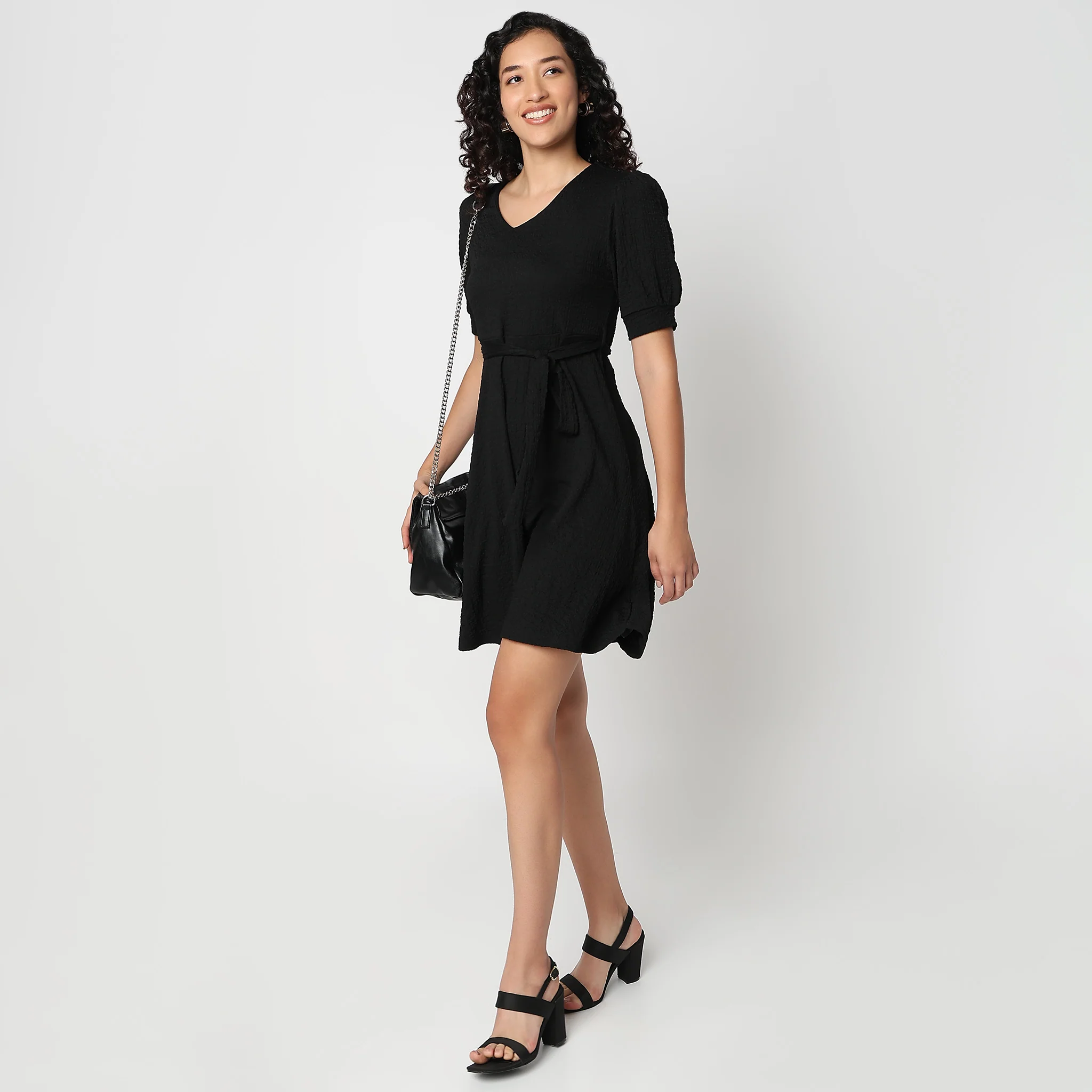 Betty V-Neck Short Dress With Belt Detail At Waist - Image 6