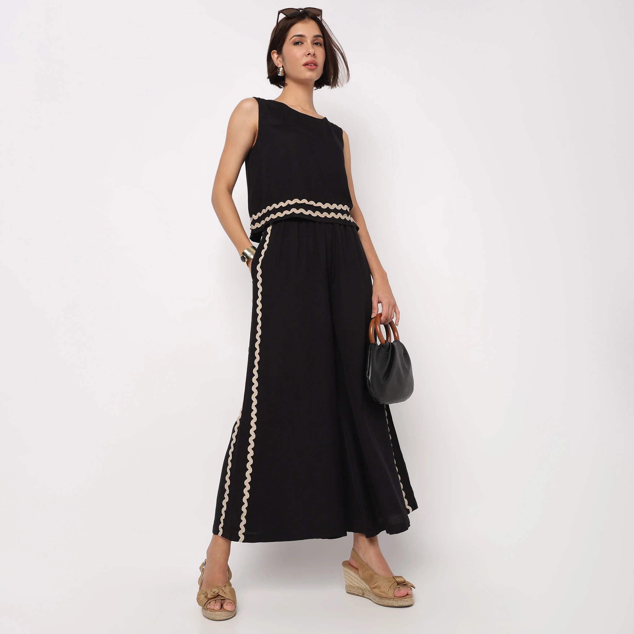 Flare High Rise Ricrac Cotton Trousers