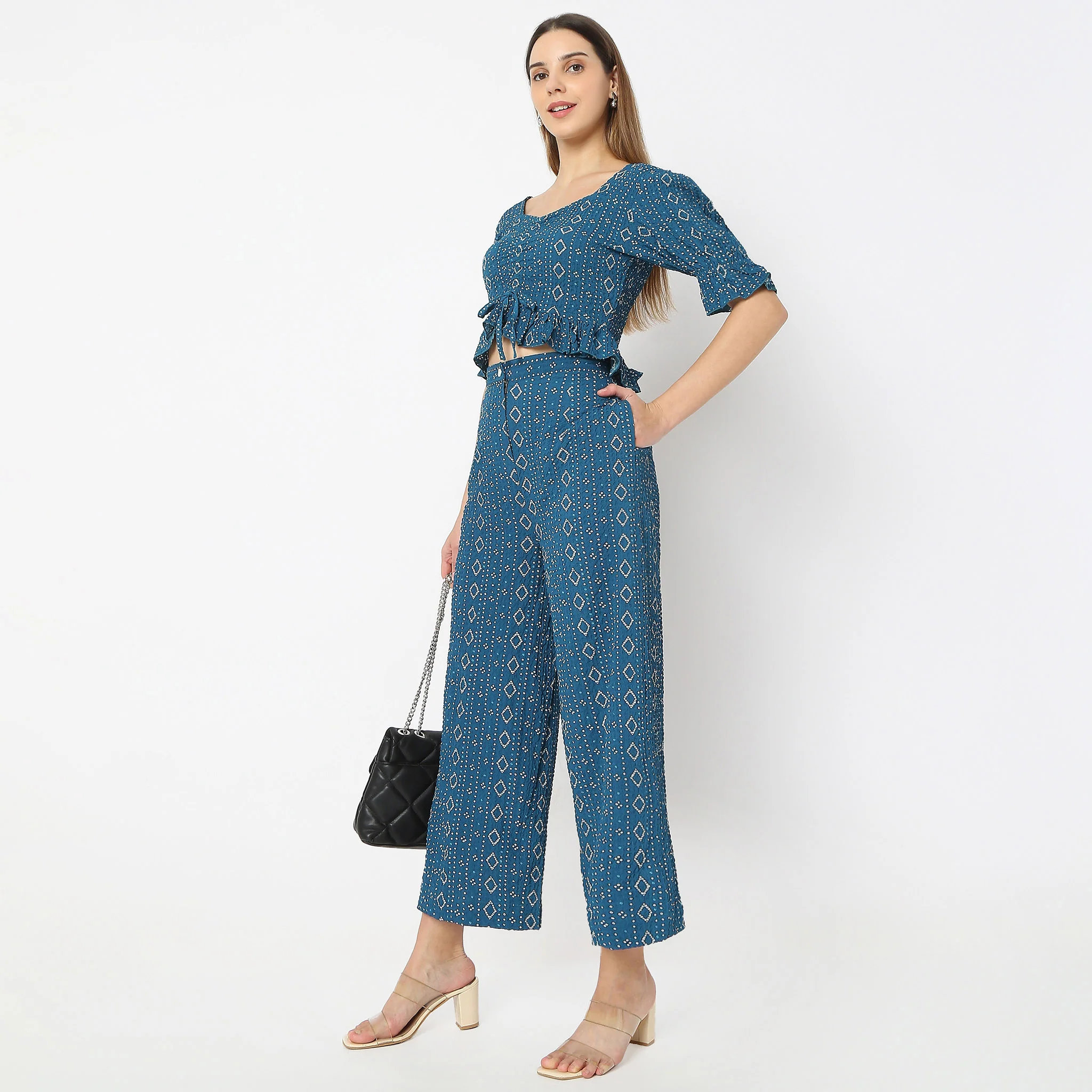 Flared V-Neck Bandhani Glam Printed Crop Top