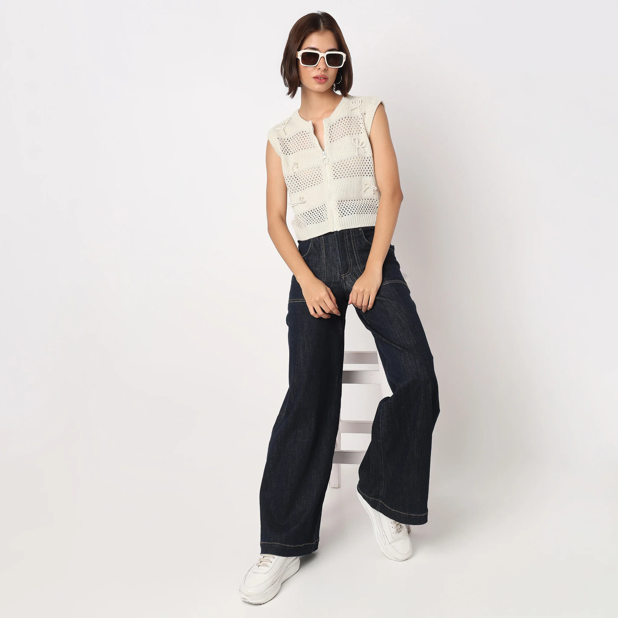 Flat Knit Top With Front Zipper and 3D Bows Details