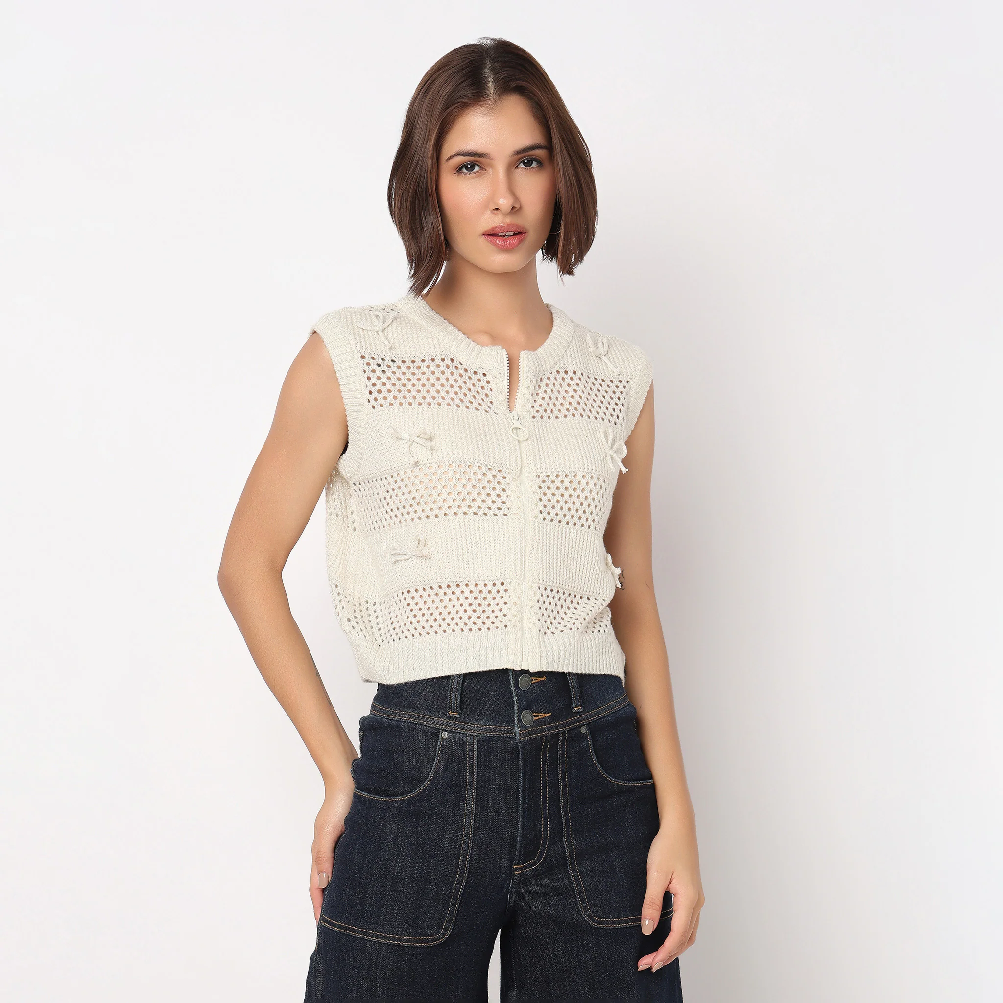 Flat Knit Top With Front Zipper and 3D Bows Details - Image 2