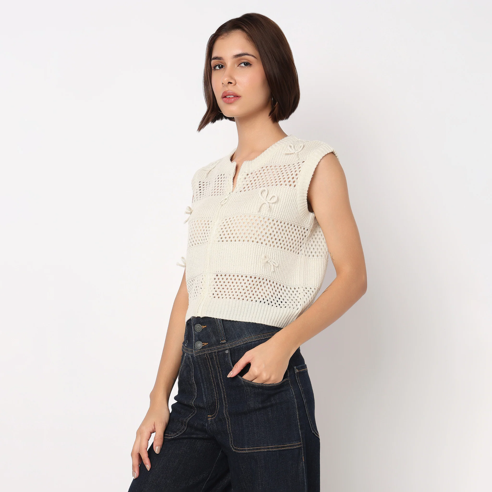 Flat Knit Top With Front Zipper and 3D Bows Details - Image 5