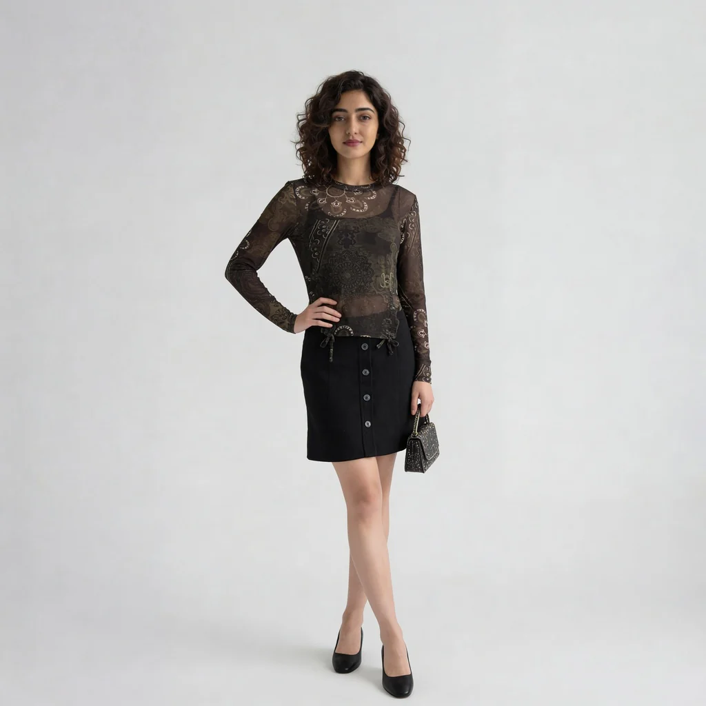 Floral Mesh Top With Ruching At Sides