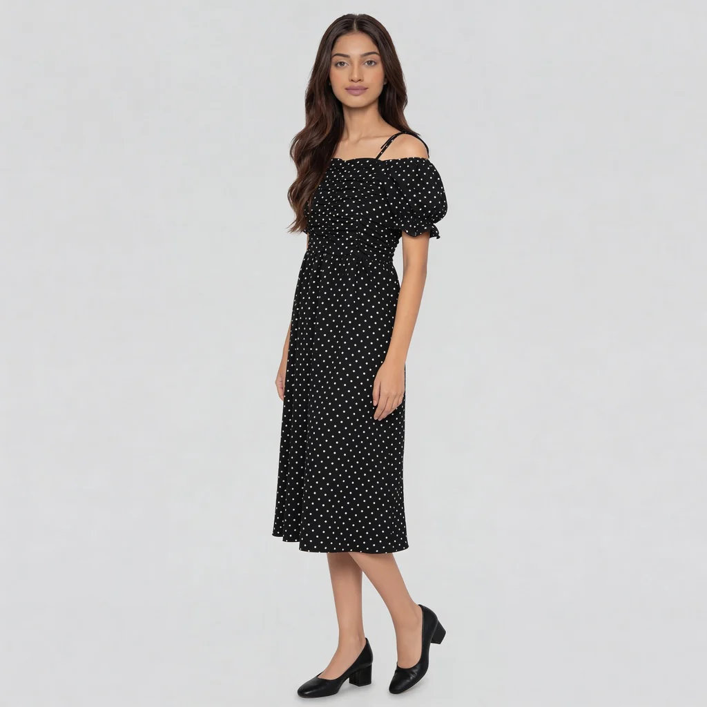 Floral Off Shoulder Dress With Polka Print Detail - Image 2