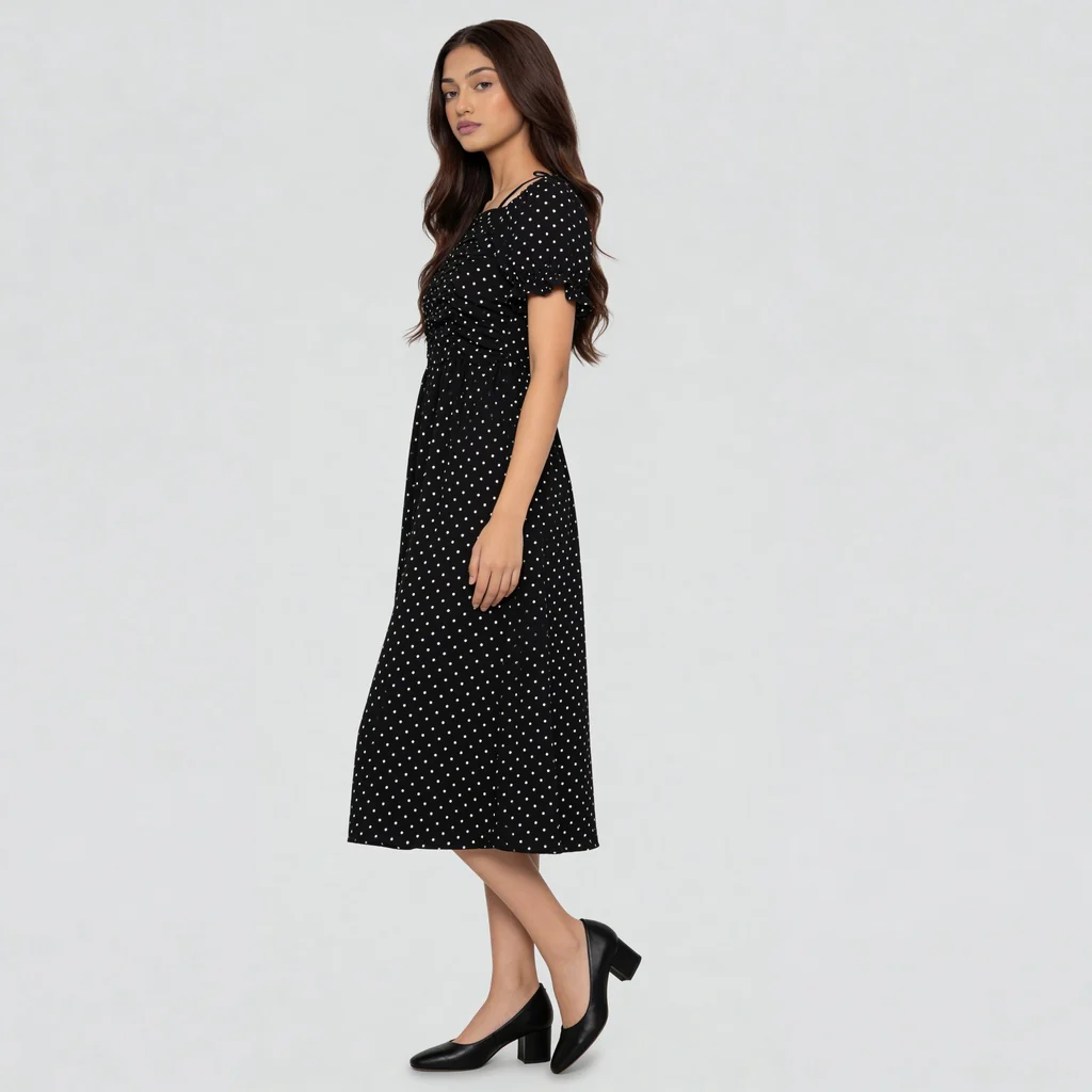 Floral Off Shoulder Dress With Polka Print Detail - Image 5