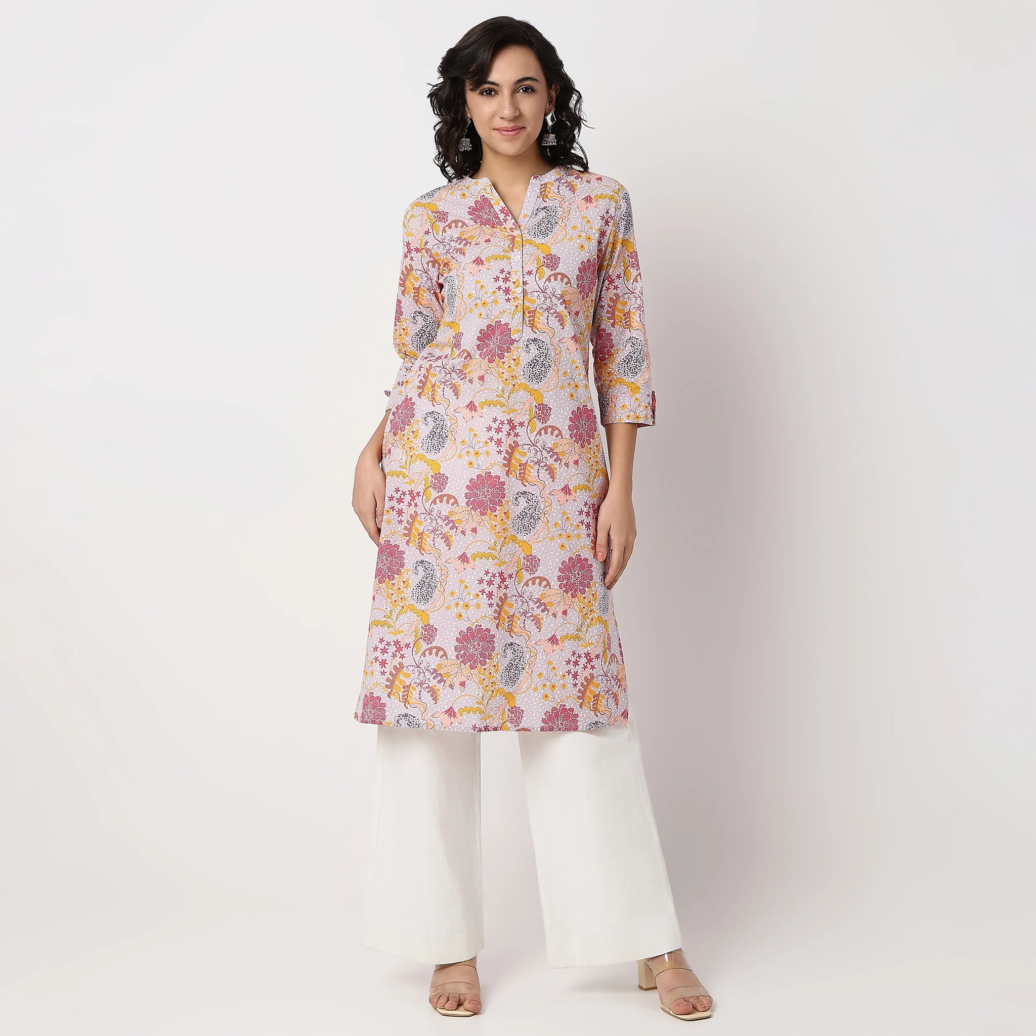 Floral Band Neck Half Placket Kurta - Image 2