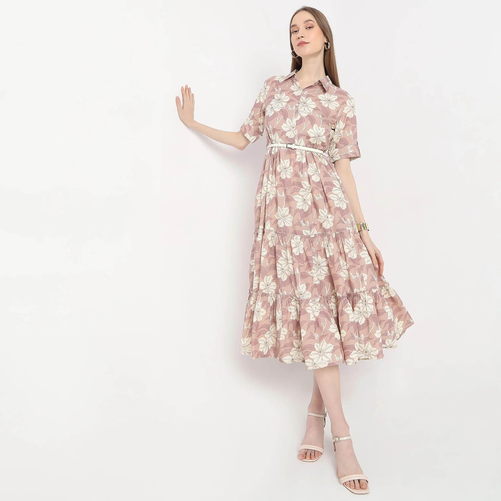 Floral Print Below Knee Flared Tiered Dress With Belt