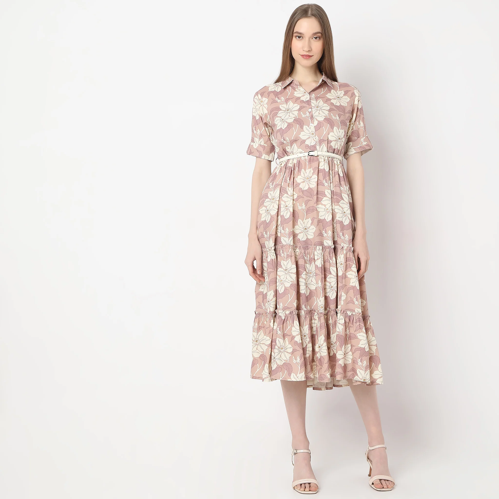 Floral Print Below Knee Flared Tiered Dress With Belt - Image 2