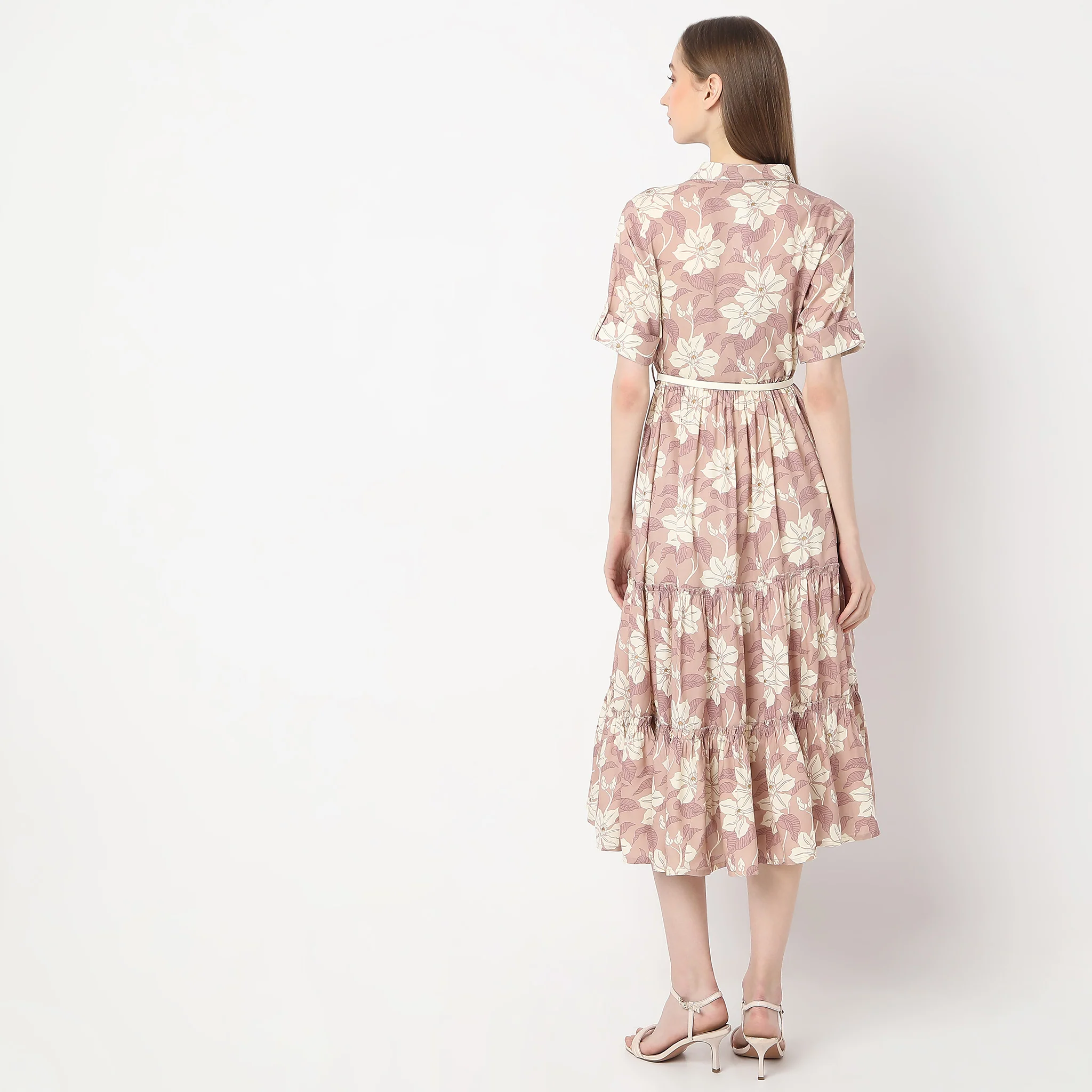 Floral Print Below Knee Flared Tiered Dress With Belt - Image 3